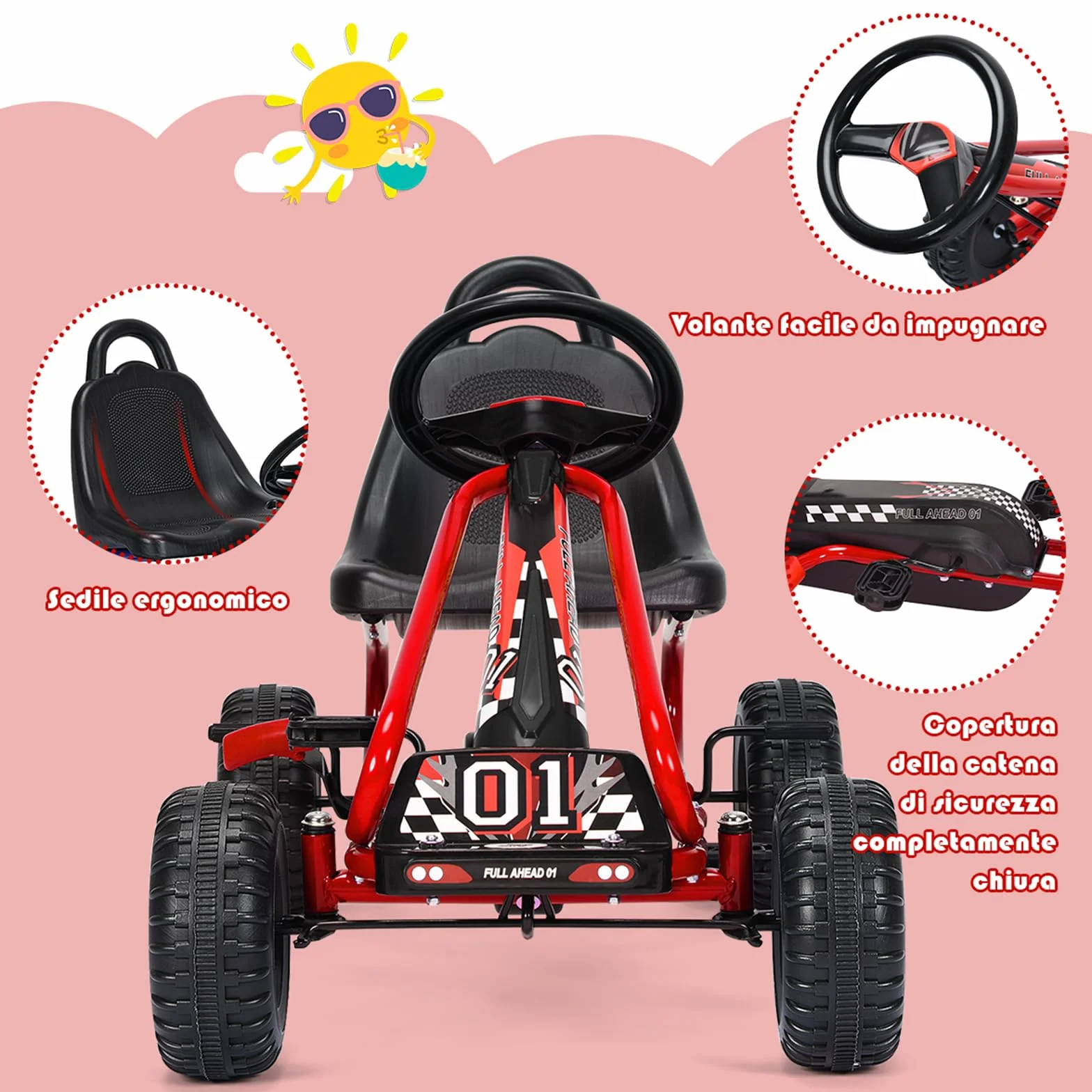 COSTWAY Go Kart a Pedali per Bambini, Veicolo con Sedile Regolabile e Freno a Mano, Portata 30 kg Rosso