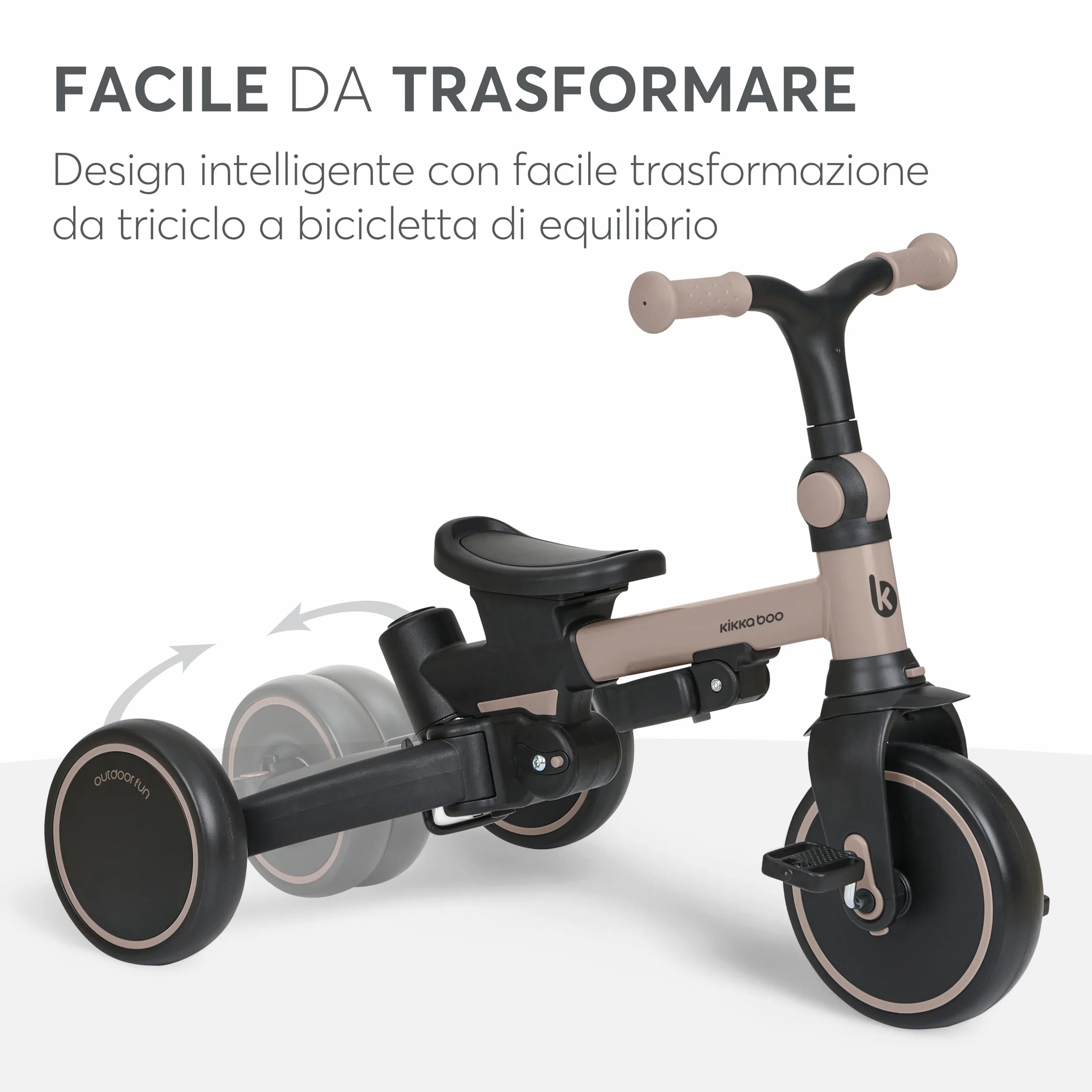 KikkaBoo Triciclo Evolutivo 8 in 1 ALUMA, da 12 Mesi a 5 Anni, Triciclo Passeggino Pieghevole con Maniglione per Genitori, Beige