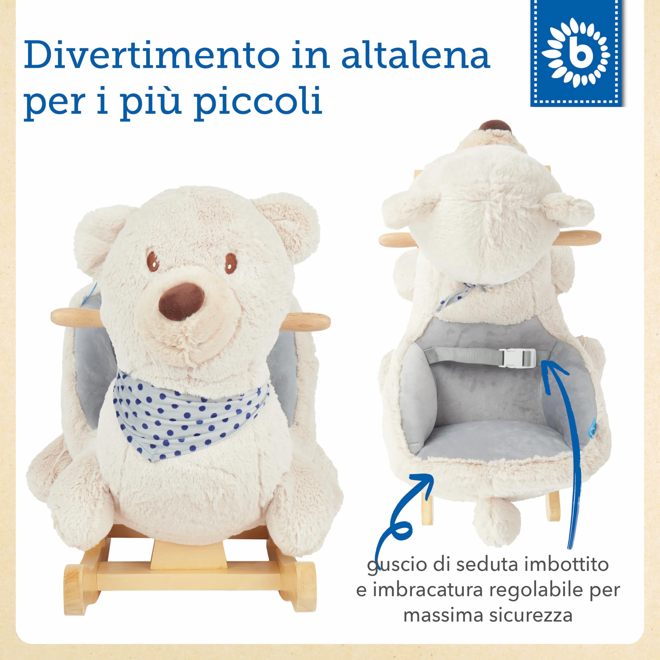 Bieco 74002111 - Dondolo Peluche Crema Orso Giocattolo, Sedia a Dondolo per Bambini con Struttura in Legno, Seduta e Schienale, Giocattoli a Dondolo, Schaukelbär per Neonati e Bambini da 9m +