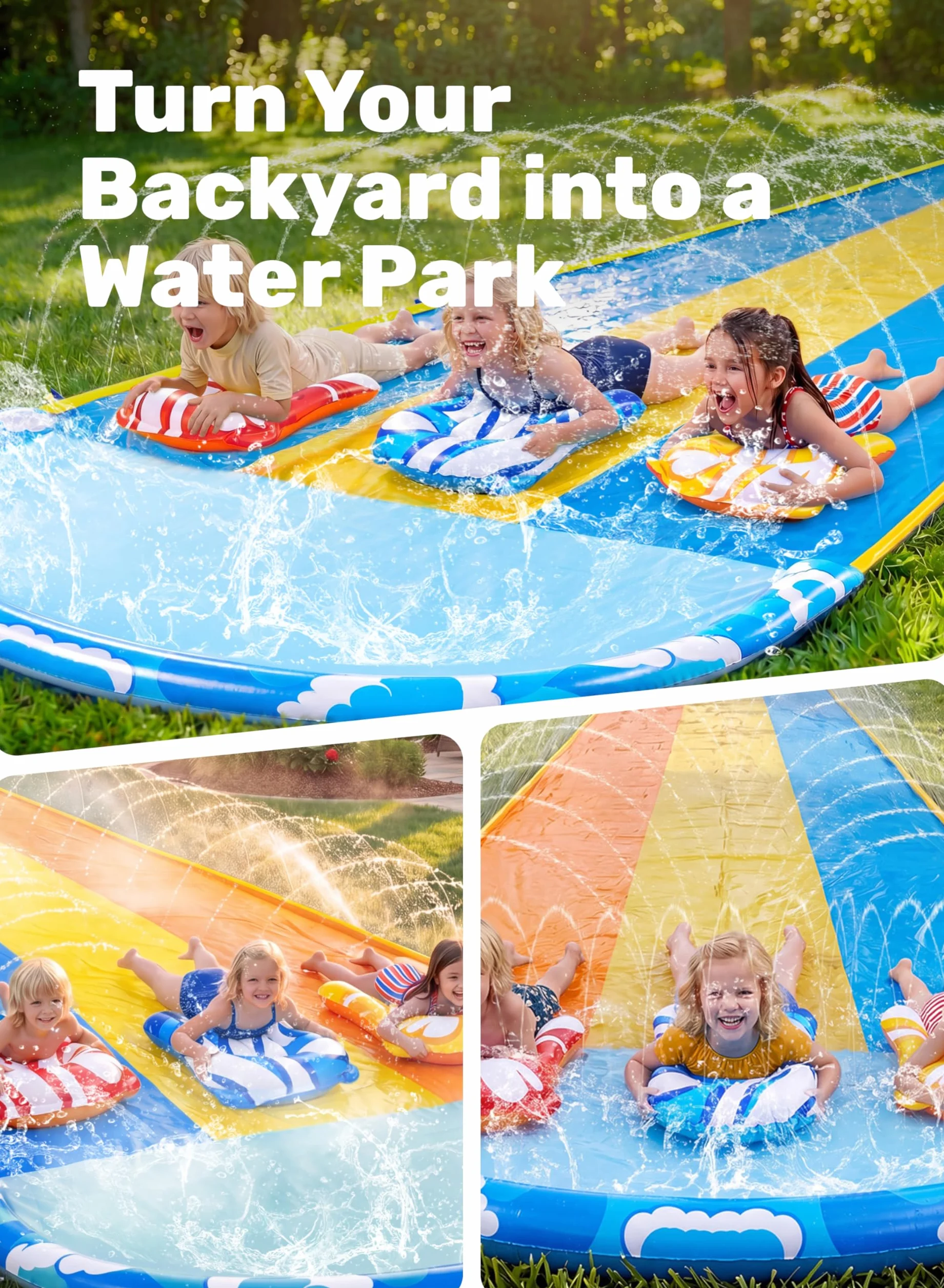Sloosh Scivolo d'Acqua Triplo con Onde 22,5ft x 84in, Scivolo da Giardino con 3 Bodyboard e Irrigatore, Gioco d'Acqua Estivo per Bambini e Adulti
