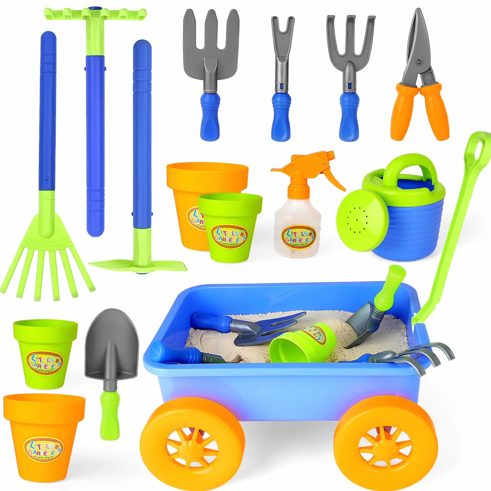 deAO Carriola e attrezzi da giardinaggio per bambini, include 10 accessori e 4 vasi per piante