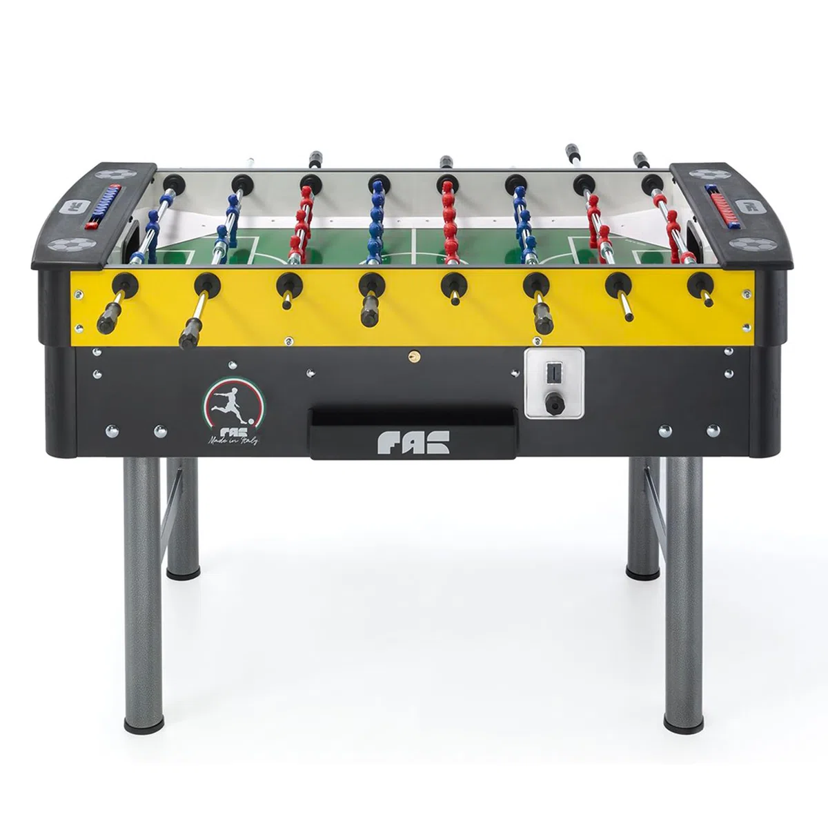 FAS PENDEZZA Calcio Balilla Mundial - Biliardino Professionale di Design, Uso interno, Campo in Vetro Temperato, Aste Passanti, Gettoniera 1€, Calcetto Balilla cm 146x78x76, Include 10 Palline