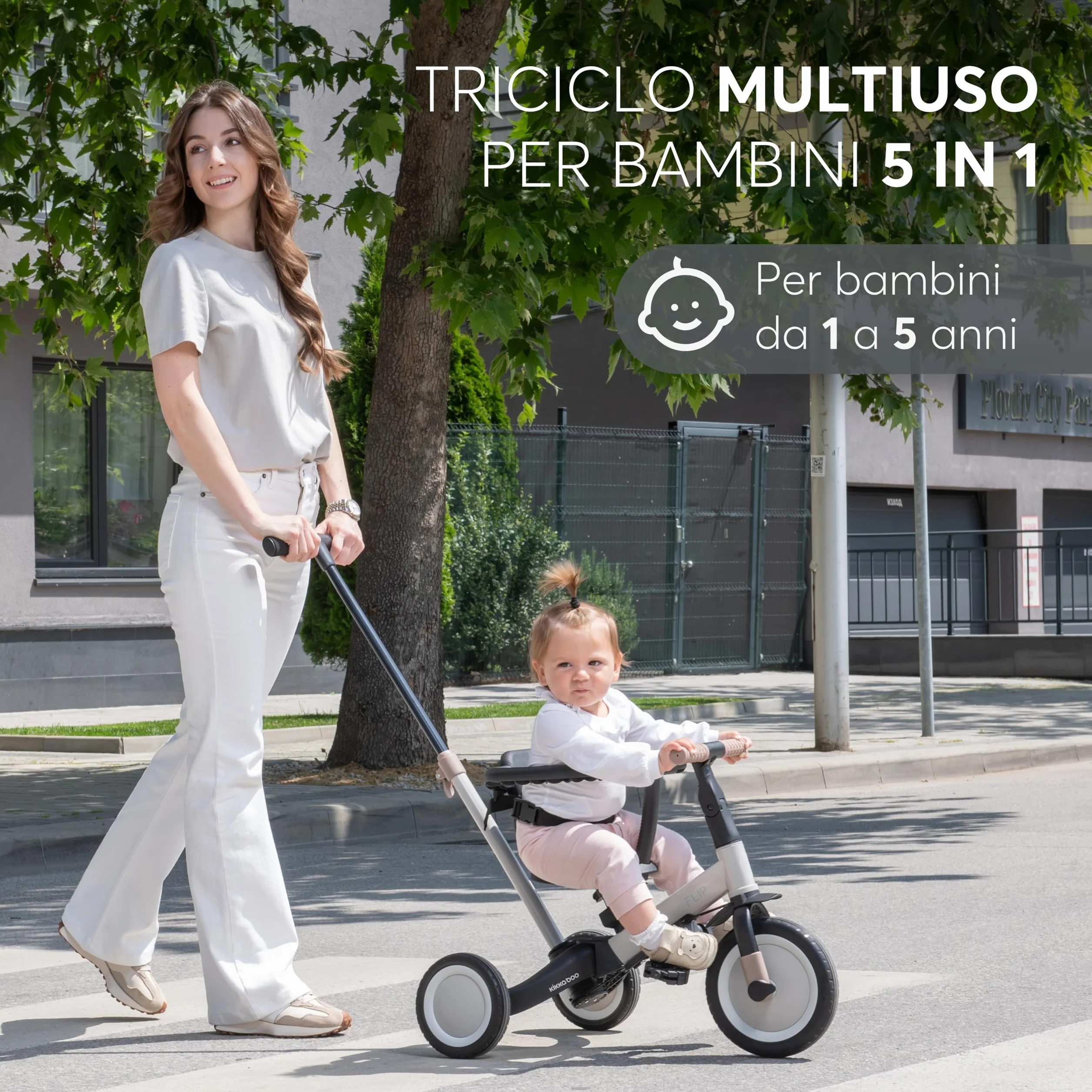 KikkaBoo Triciclo Evolutivo 5 in 1 per Bambini da 1 a 5 Anni FLIP, Triciclo Passeggino con Maniglione Regolabile, Con o Senza Pedali, Trasformabile in Bicicletta, Verde militare