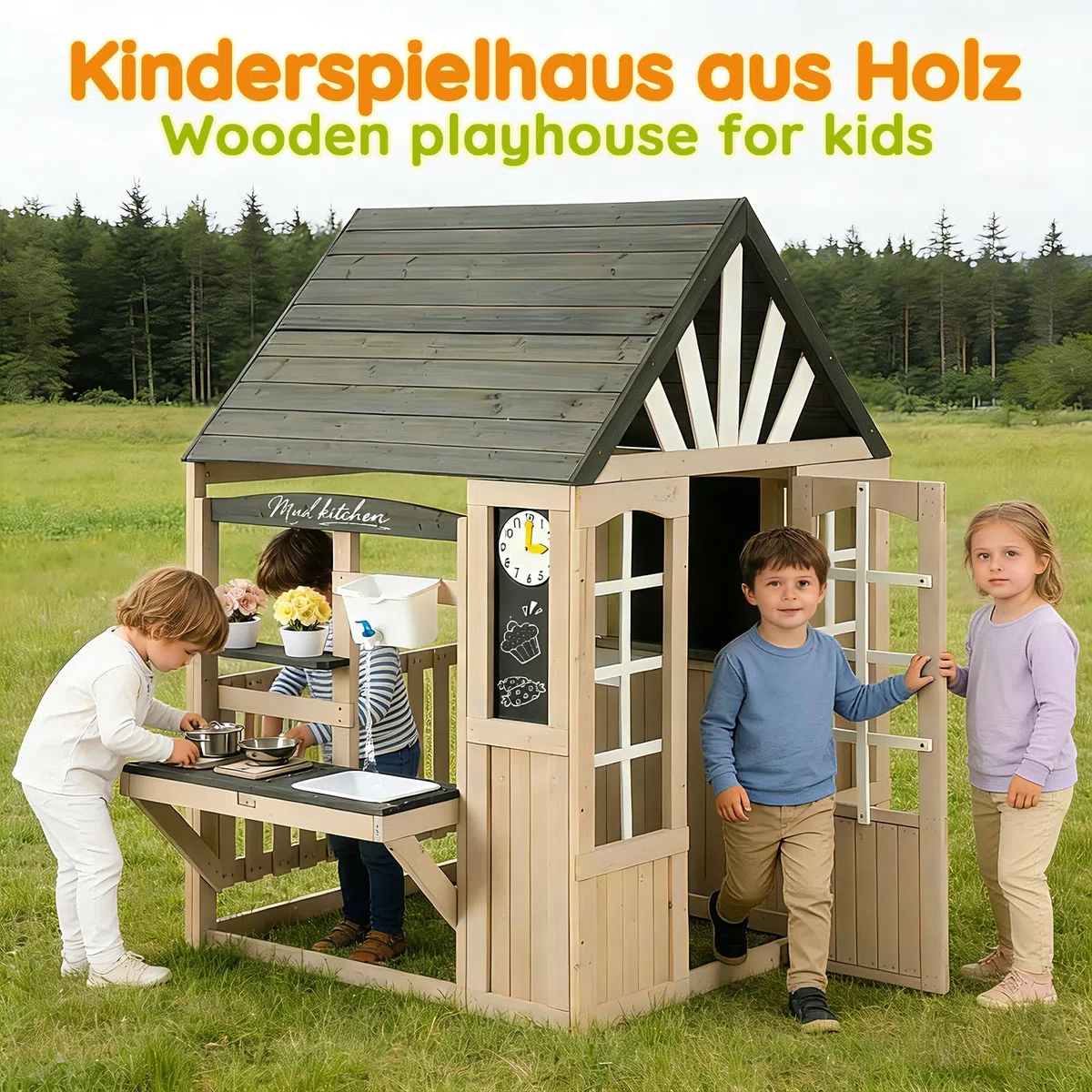 Casetta da Gioco in Legno per Bambini con Cucina Esterna, Lavandino, Lavagna, Accessori, Regalo 3+