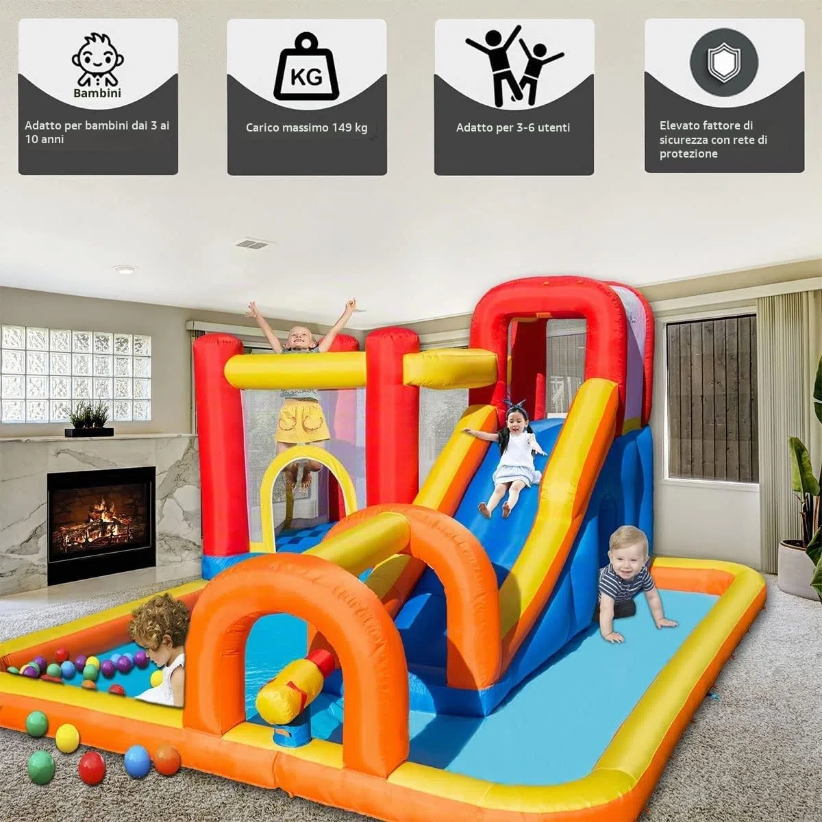 Baralir Castello Gonfiabile con Ventilatore, Scivolo a secco/Acqua, Piscina di palline oceaniche/Parco acquatico, 400×320×200 cm, Castello gonfiabile interno/esterno per Bambini dai 3 ai 10 anni