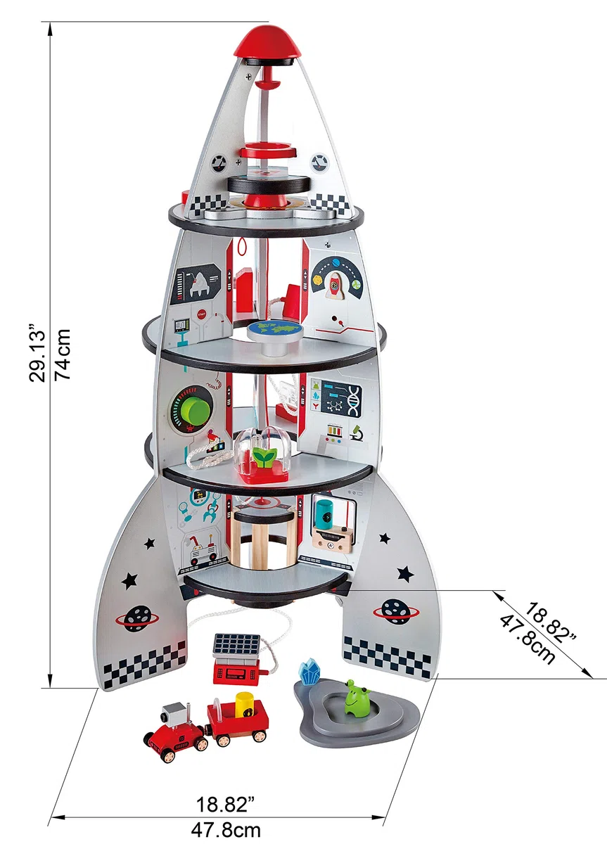Hape Razzo spaziale legno a 4 piani con accessori interattivi, astronauti e alieni per gioco di ruolo dai 3 anni
