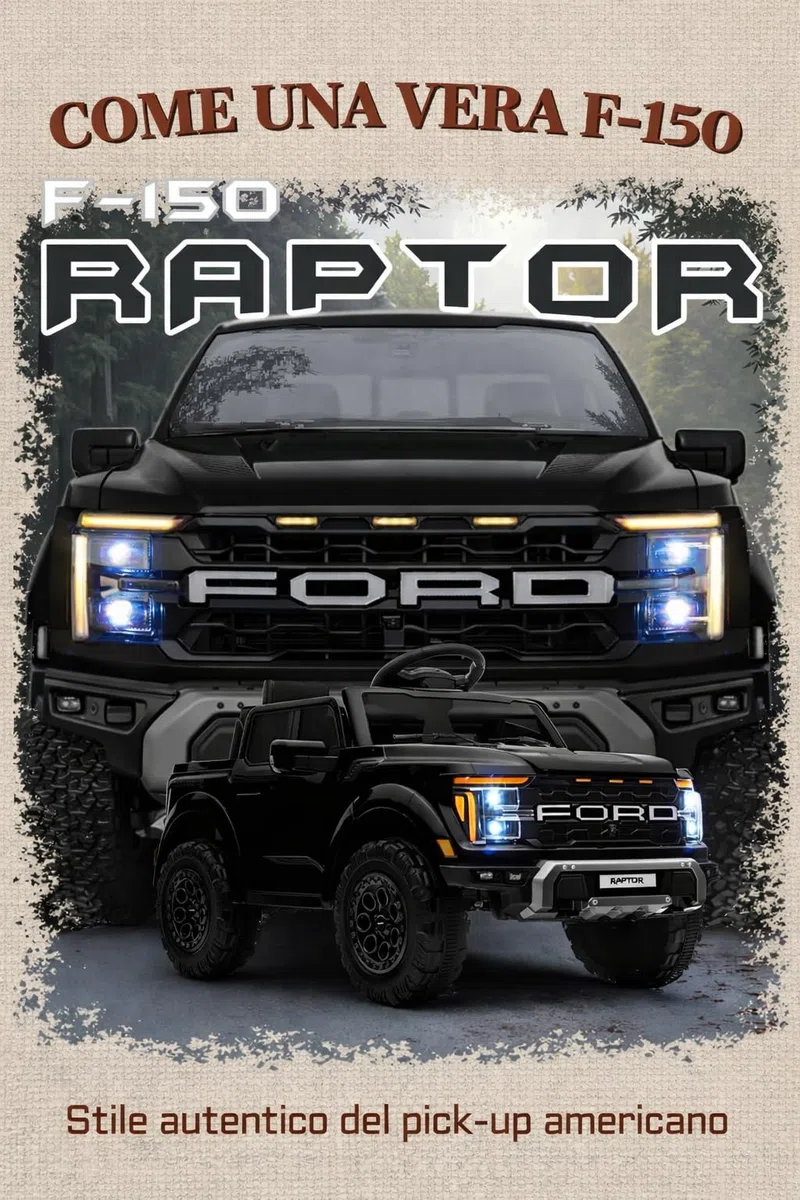 Ford F150 Raptor 12V Auto Elettrica per Bambini con Telecomando, Luci LED, Bluetooth, Cintura di Sicurezza, Carico 30 kg (Nero)