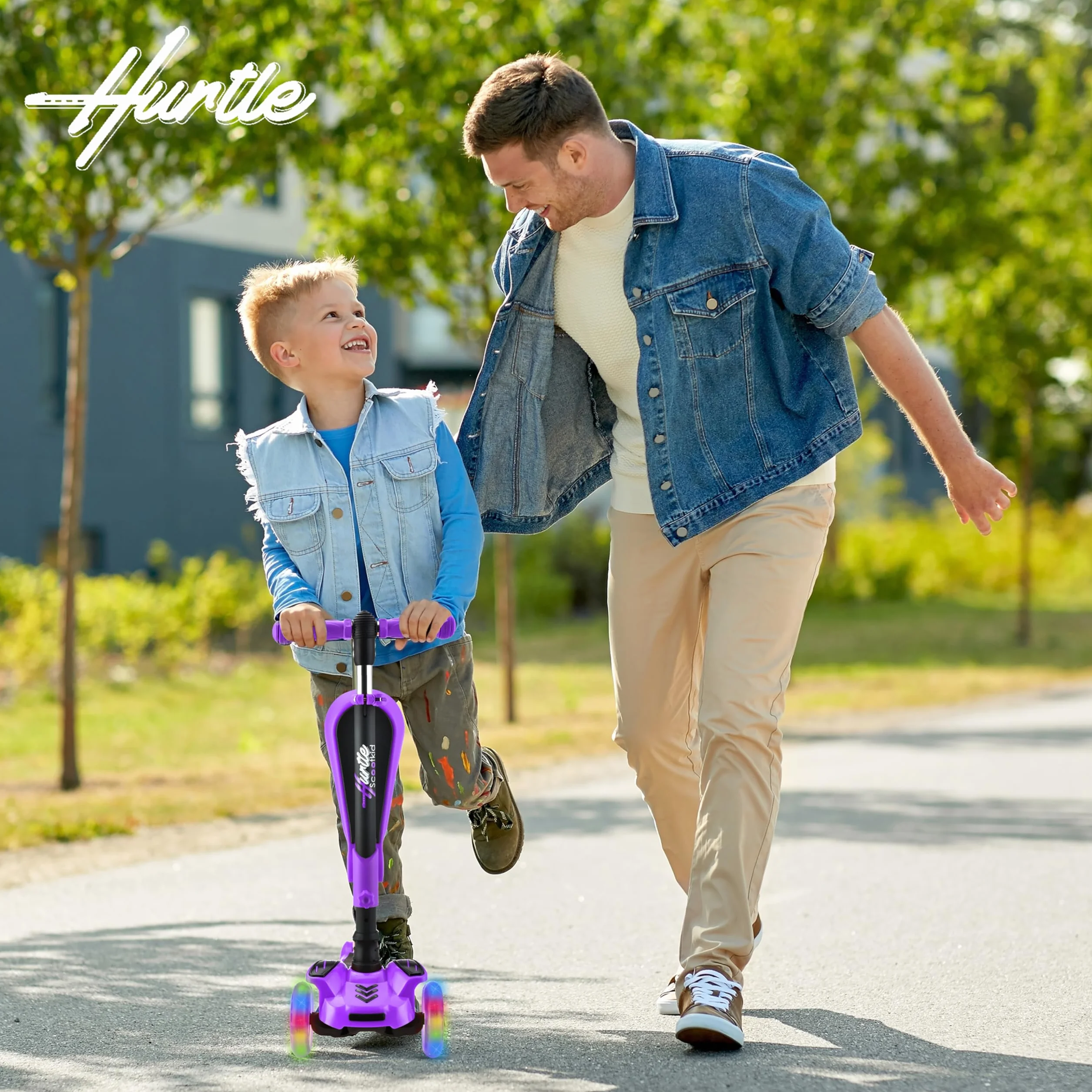 Hurtle Monopattino Bambino, Monopattino Bambina, Monopattino a 3 Ruote, Regolabile in Altezza con Sedile Pieghevole, Scooter per Bambini e Bambine con Ruote LED Multicolore, Dai 1 ai 14 Anni