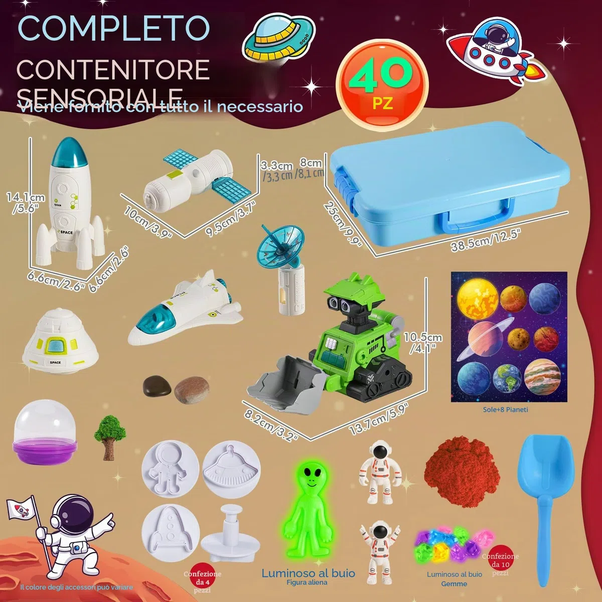 KNASON Sabbia Giocattolo Bambini, Spazio Scientifici Kit di Sand con Sabbia Magica, illuminano al Buio Alieno e Gemme, Giocattoli per Sabbiera Regalo di Natale per Bambini 3 ai 8 Anni
