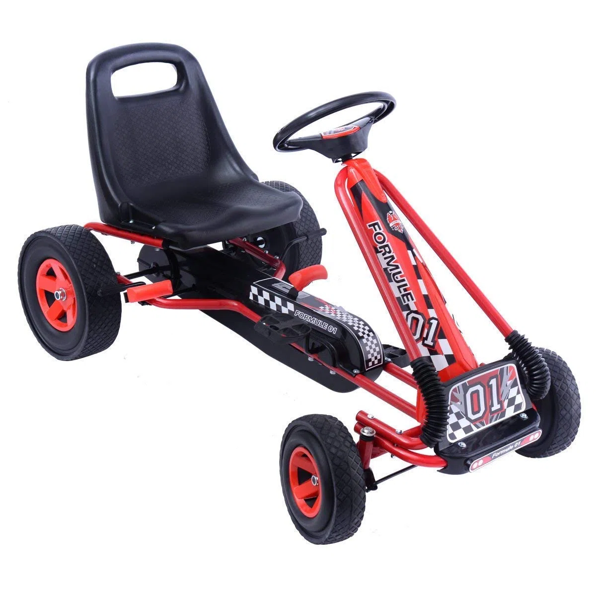 COSTWAY Go Kart a Pedali per Bambini 3-8 Anni, Sedile Regolabile, Freno a Mano, Portata 30 kg, Rosso