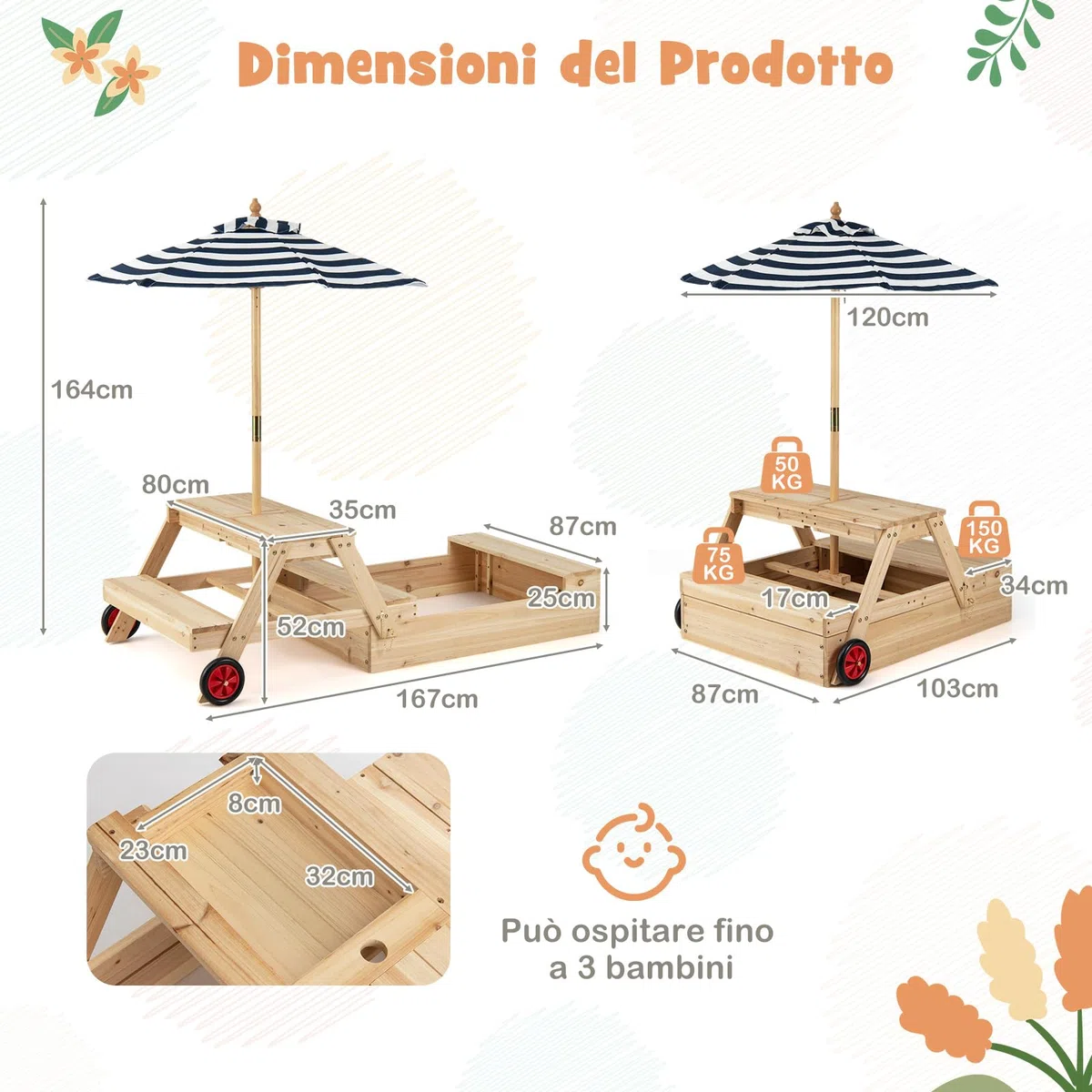 COSTWAY 3 in 1 Sabbiera in Legno, Tavolo da Picnic per Bambini Trasformabile con Panche, Ombrellone Rimovibile e Ruote, Set da Gioco per Bambini 3-5 Anni, per Esterno e Giardino
