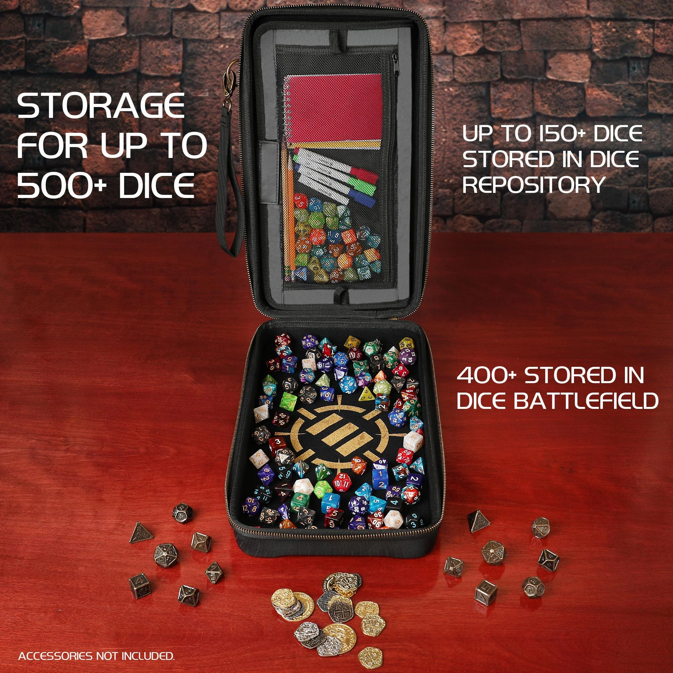 ENHANCE Portadadi DnD da Tavolo e Vassoio per Dadi - Porta dadi contenitore per 500 RPG con design protettivo robusto interni morbidi tasche organizer