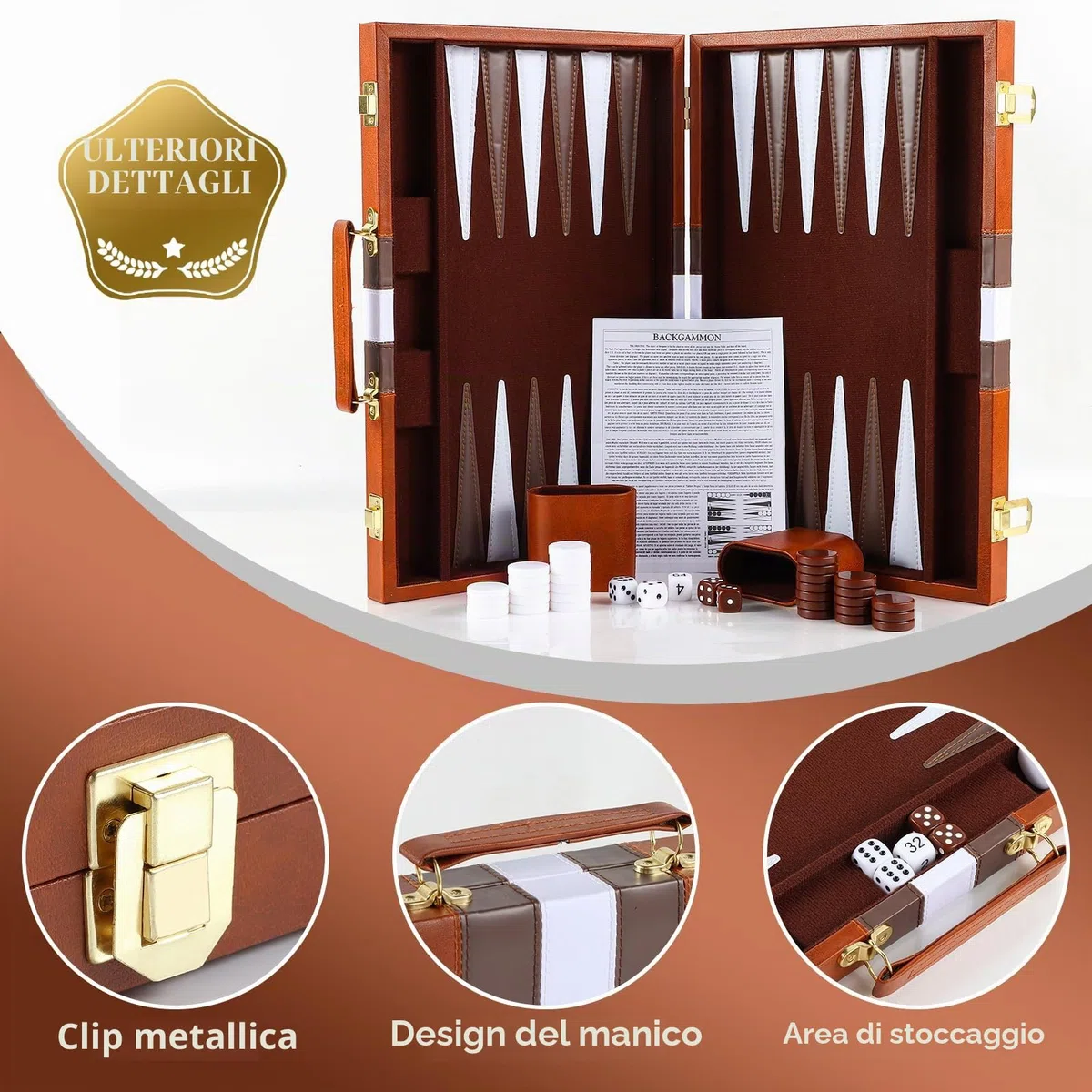 Set-backgammon, Valigetta Backgammon da 11 Pollici con Accessori Completi, Set Backgammon Portatile da Viaggio con Maniglia per il Trasporto, per Adulti (Marrone)