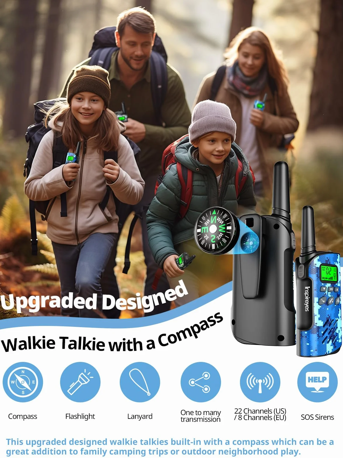 Inspireyes Walkie-Talkie Bambini Ricaricabili 48 Ore 3 Chilometri Regalo Compleanno Ragazzi Ragazze 3-12 Anni