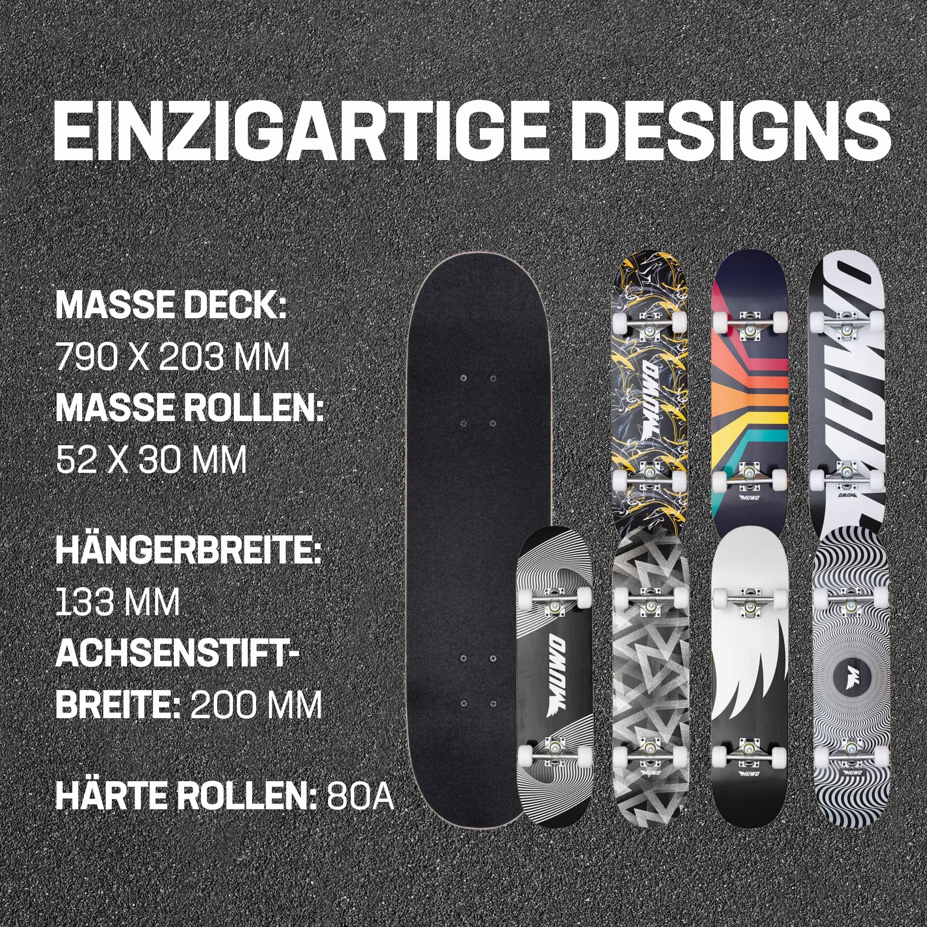 MUWO Street Skateboard 31 x 8 pollici – Tavola completa per principianti in robusto legno e alluminio, adatta per bambini, adolescenti e adulti con diversi motivi (Swing & Wing)
