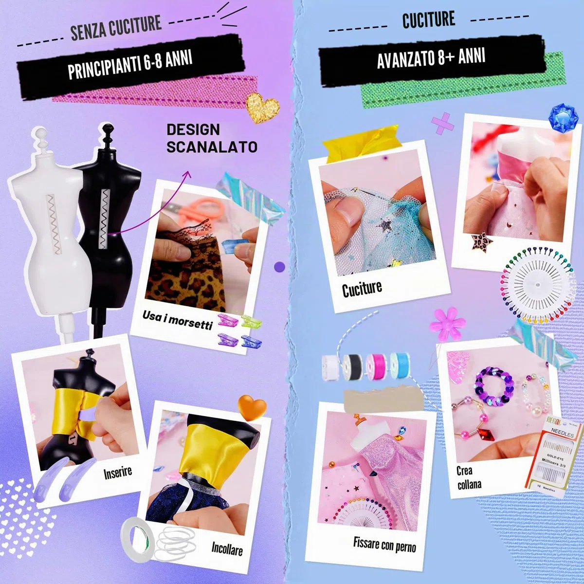 ONE TO FOUR 1000+ Pezzi – Kit Di Design Di Moda Per Ragazze con 6 Manichini, Kit Per Arte e Artigianato Creativi, Kit Da Cucito Per Bambini, Regalo di Compleanno per Bambine, 6 7 8 9 10 11 12+ anni
