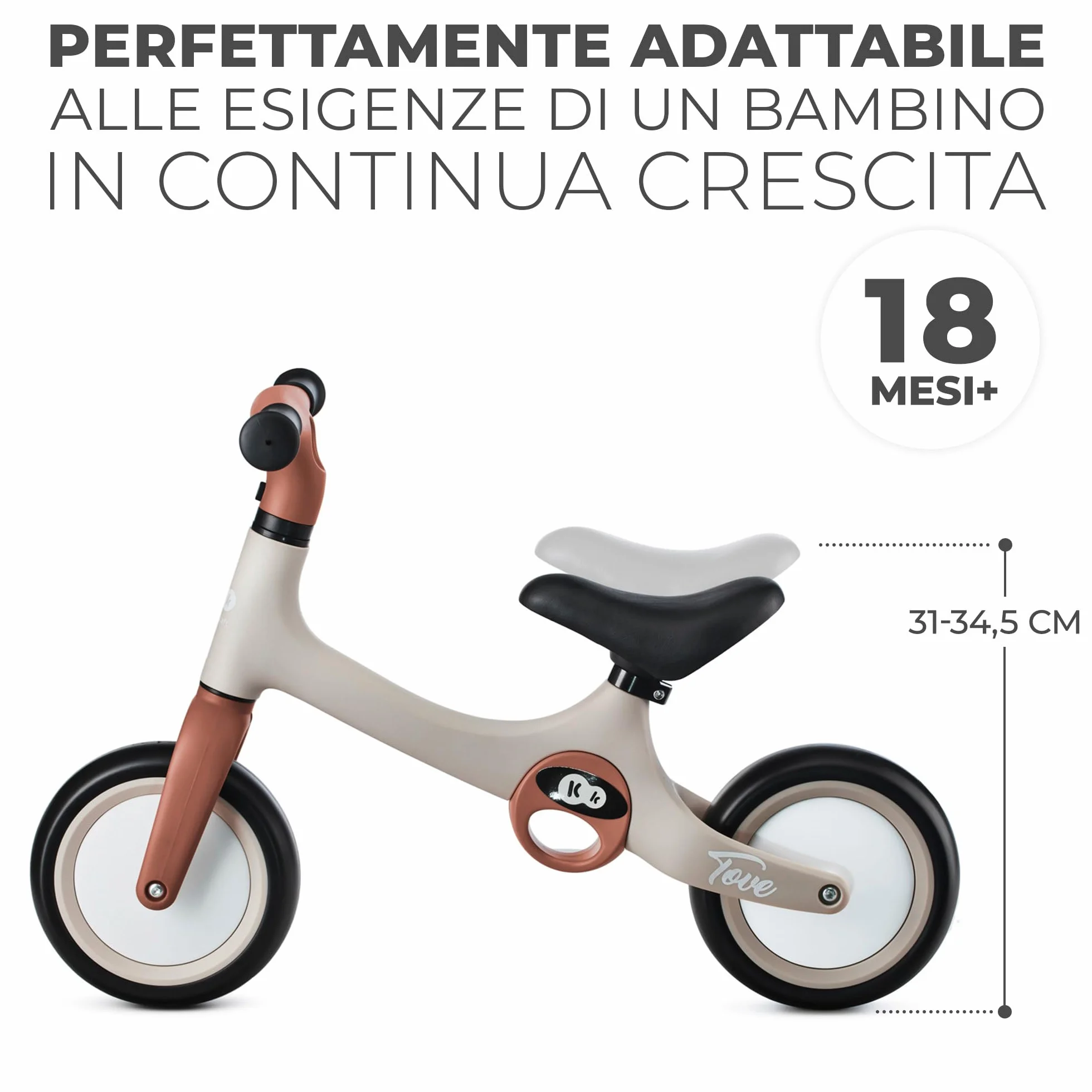 kk Kinderkraft TOVE Bicicletta bambini da 1,5 anni, Bici senza pedali, Design sportivo, Regolazione della sella, Bloccasterzo, Montaggio facile, Struttura leggera - 2 kg, Beige