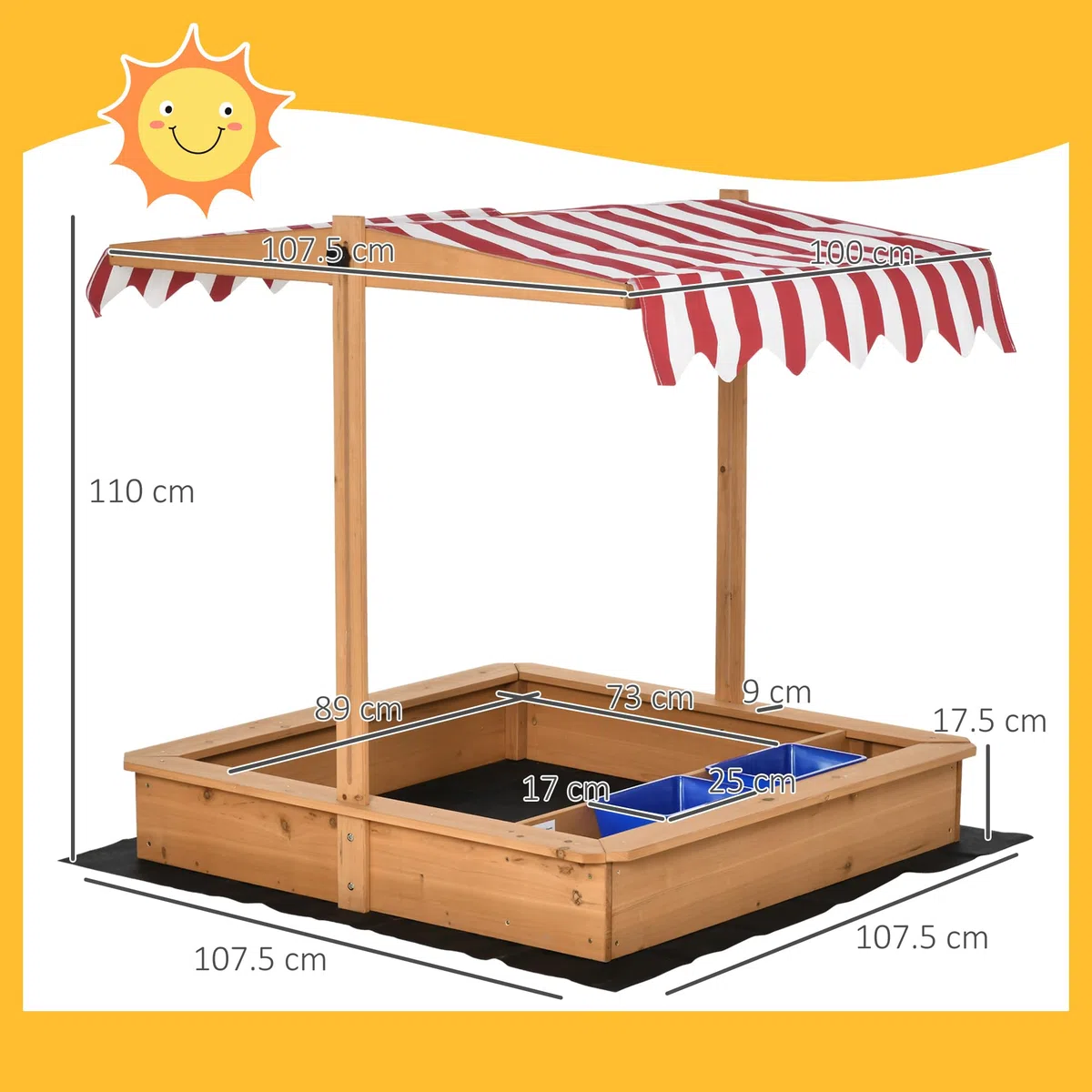 Outsunny Sabbiera per Bambini in Legno con Tettuccio Regolabile in Altezza, Gioco da Giardino con Sedute sui Bordi e Vaschette, 107.5x107.5x100cm