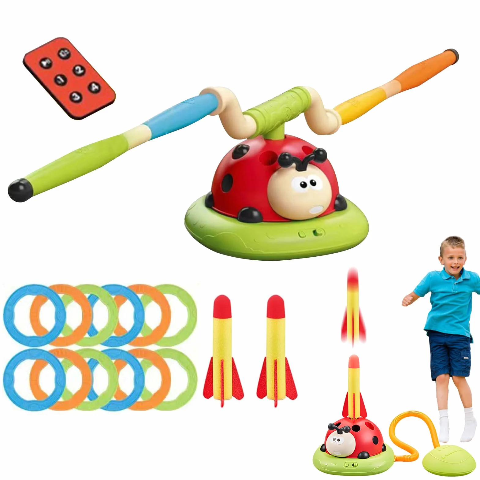 Giocattolo da salto coccinella - Gioco di lancio 'anello per bambini e lanciarazzi interattivo, giocattolo per esercizi di rotazione musicale con telecomando | Cortile Giardino Patio Cortile Casa