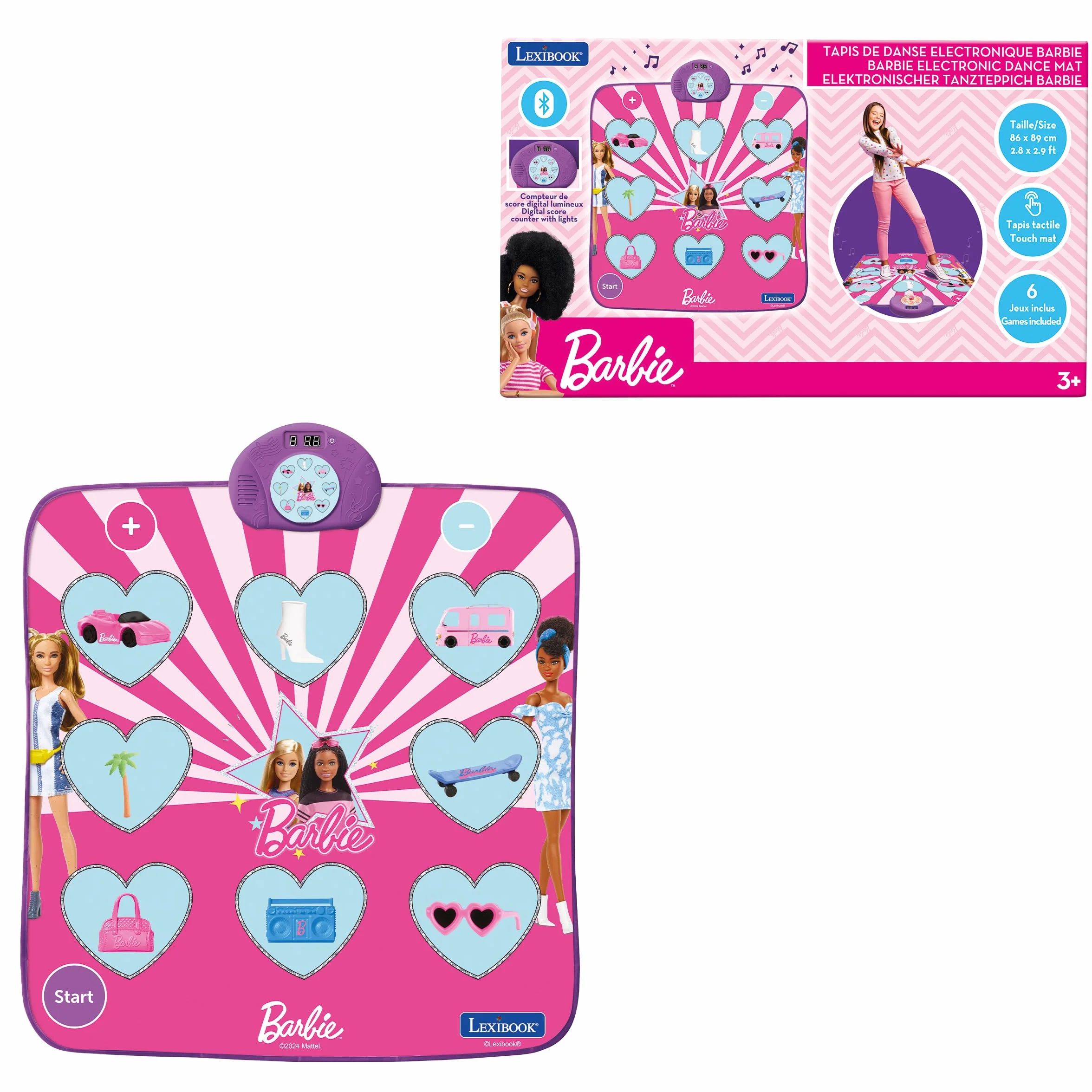 Lexibook, Mattel Barbie, Tappeto da danza elettronico Barbie, Bluetooth e luminoso con 6 modalità di gioco, Rosa, DM10BB