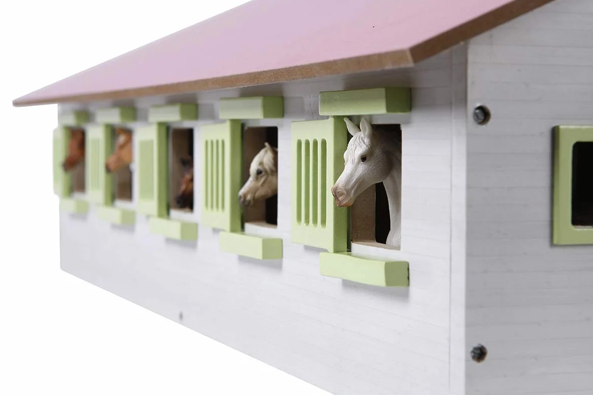 Van Manen Kids Globe Farming 610188 - Fattoria in Legno con 9 Box per Cavalli, con Tetto Pieghevole, Colore: Rosa