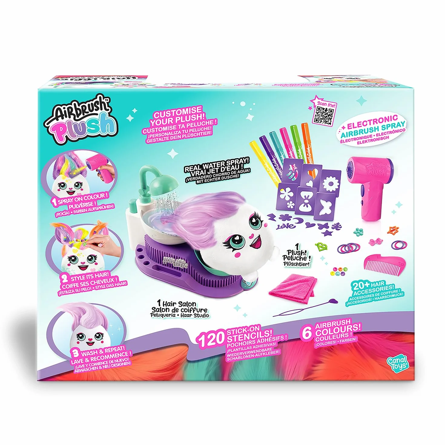 Canal Toys Hair'iffic Salon Airbrush Plush Doudou with Aerografo Stencil Stazione di Lavaggio Creativo Riutilizzabile