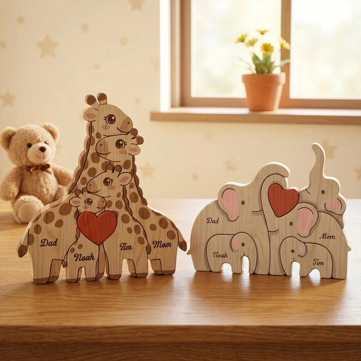 Drawelry Puzzle Personalizzato in Legno Famiglia Festa Della Mamma, Puzzle Legno Famiglia Animali con 2-9 nomi, Compleanno Natale Anniversario Decorazioni Casa (giraffa-b)