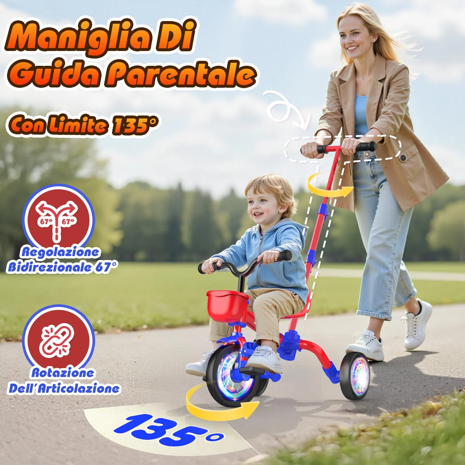 HappyGoLucky 5 in 1 Triciclo per Bambini Evolutivo, Bicicletta Bambini 1-5 Anni-Ruote Luminose/Maniglia Parentale/Sedili&pedali Regolabili