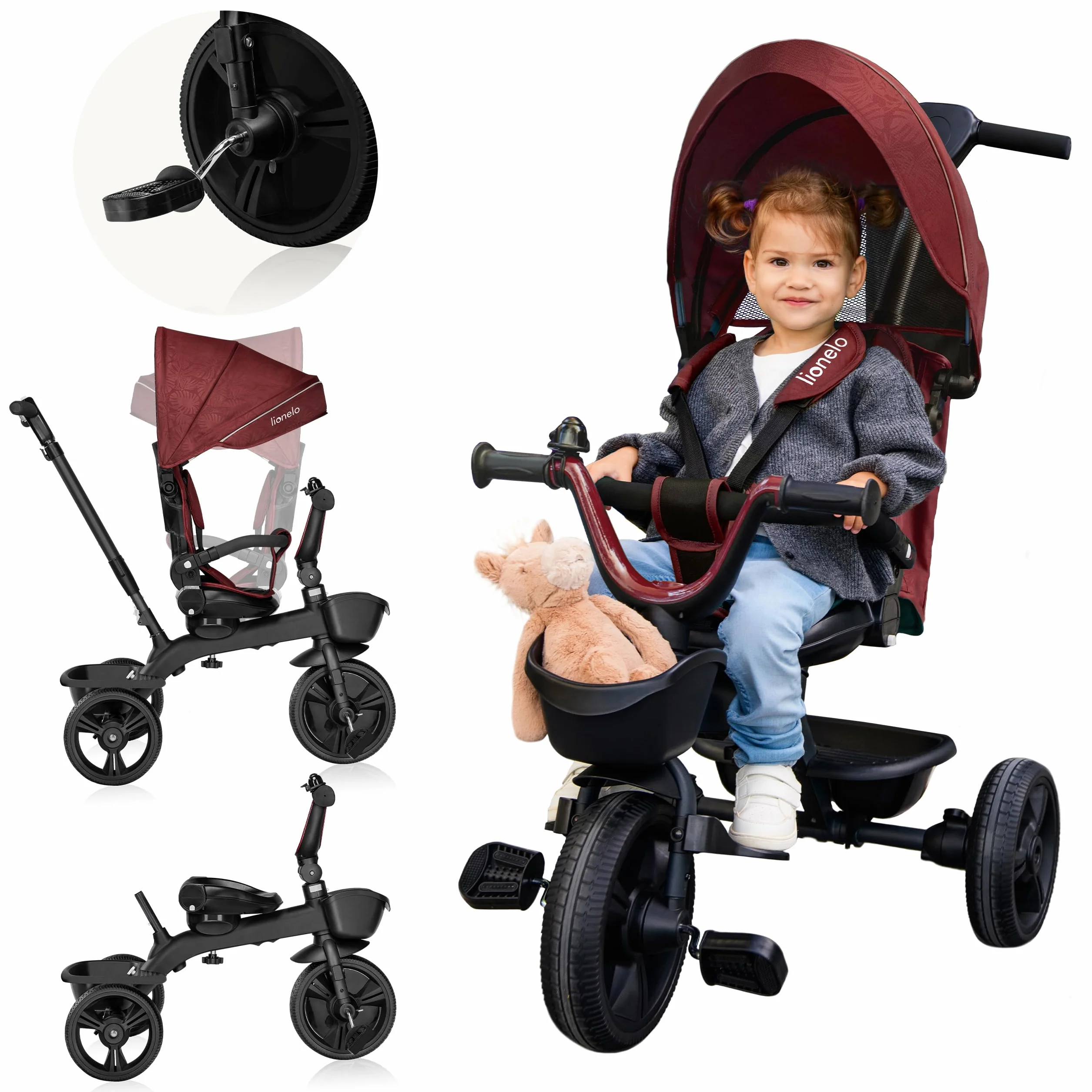LIONELO Kori Triciclo Evolutivo per Bambini da 1.5 Anni fino a 25 kg Sedile Girevole 360° Telaio ultraleggero in lega di magnesio, Pneumatici resistenti, Maniglione per genitori e Accessori
