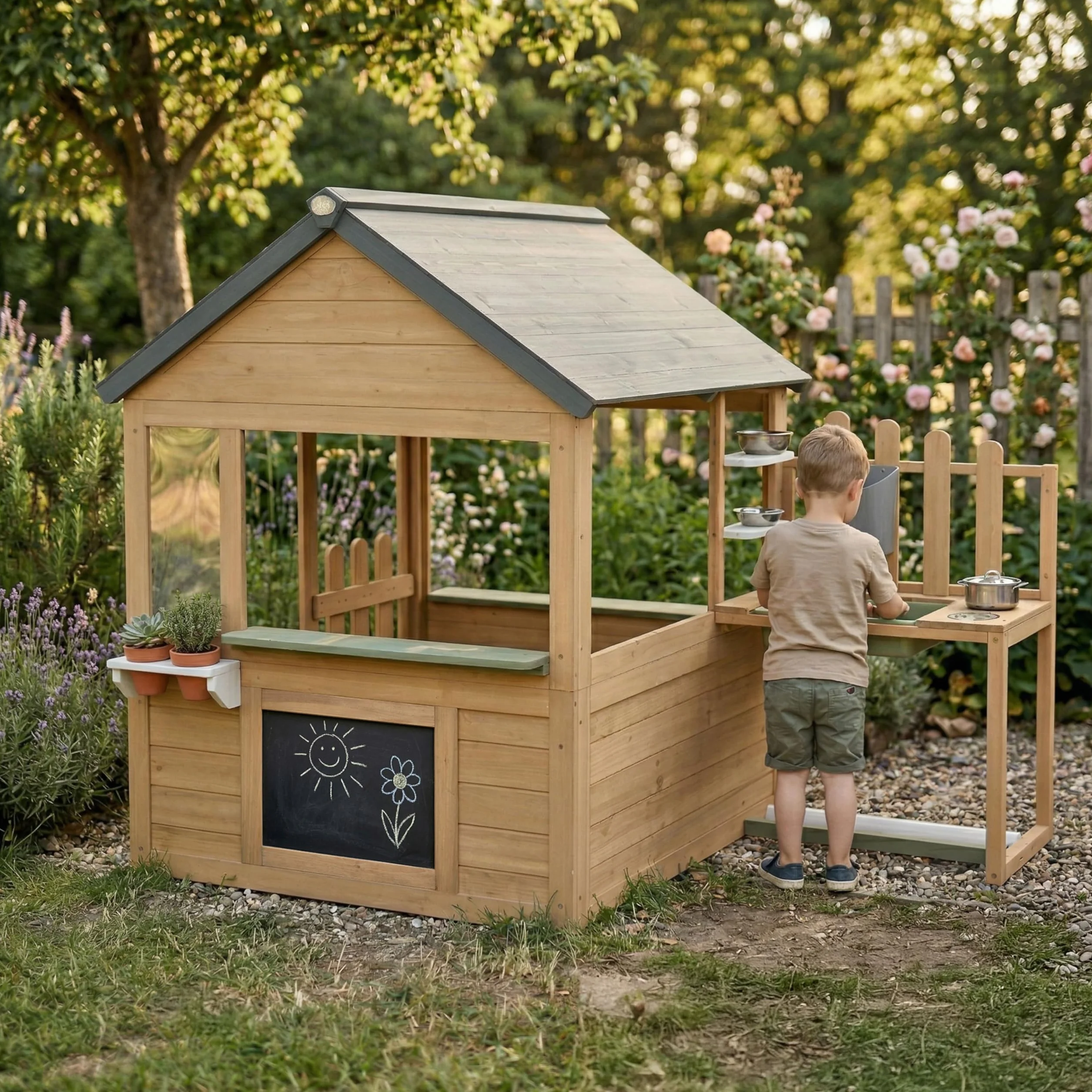 AXI Lizz Casetta per bambini in legno Marrone/Antracite con cucina giocattolo integrata