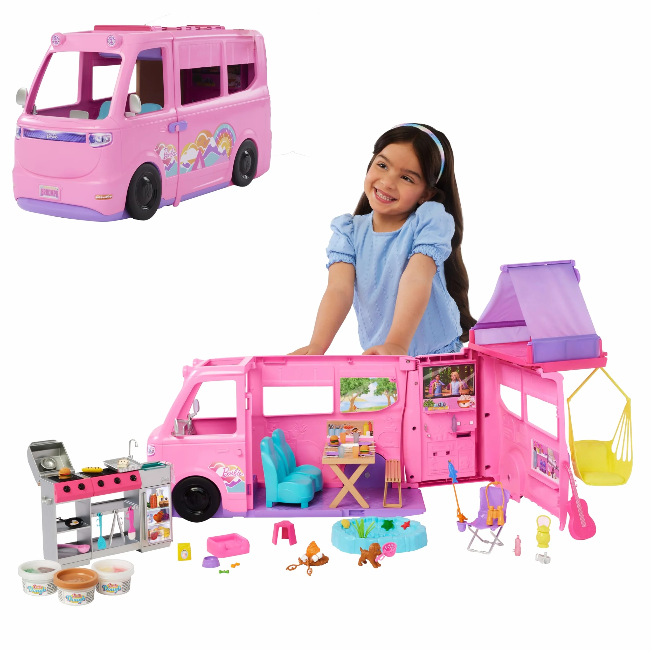 Barbie - Camper dei Sogni, veicolo con oltre 60 accessori e pasta modellabile, effetto cambia colore, include tenda sul tetto e altalena, giocattolo per bambini, 3+ anni, HRJ78