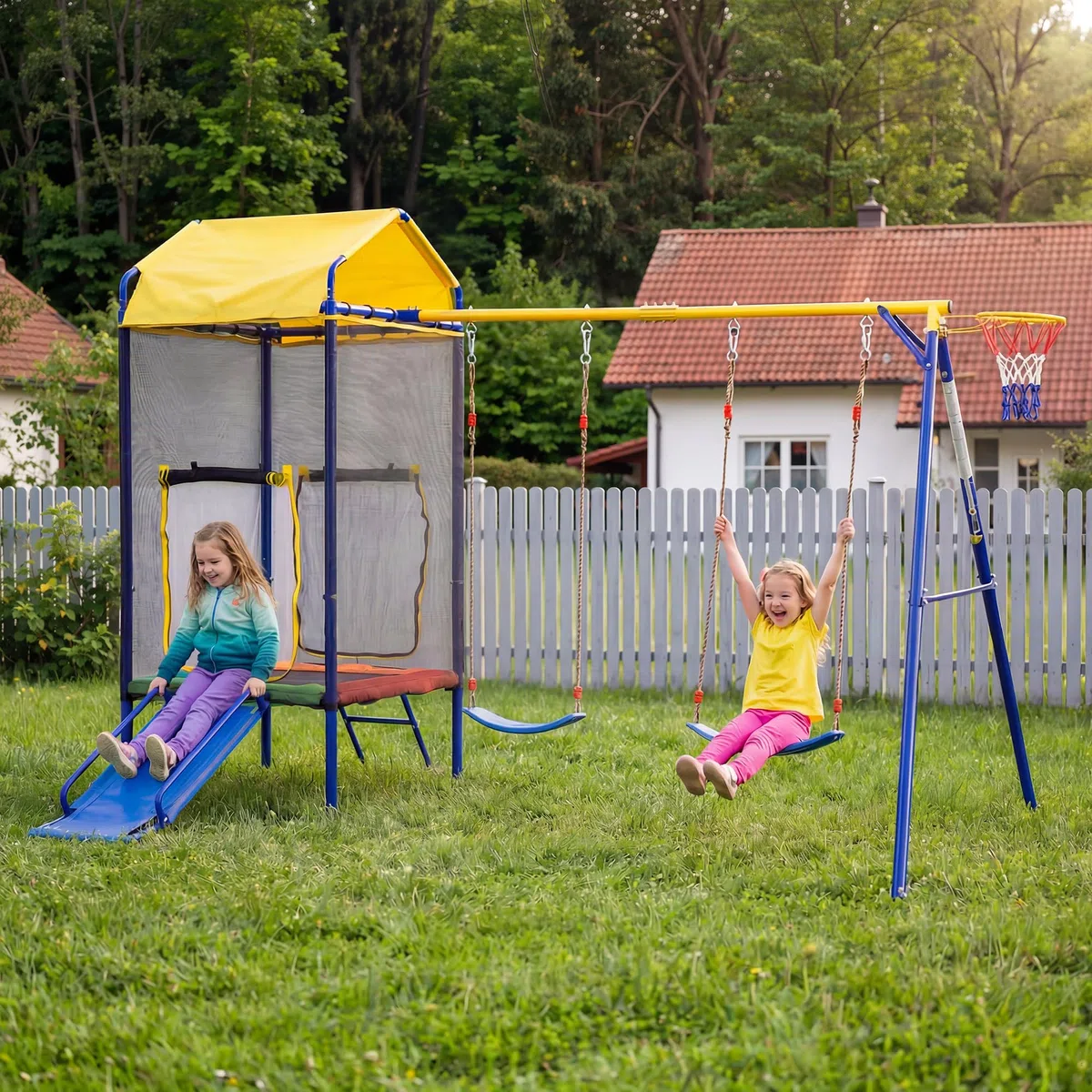 BTM Altalena da Giardino per Bambini Giochi da Giardino per Bambini Esterno con Trampolino, Altalena, Scivolo e Canestro da Basket