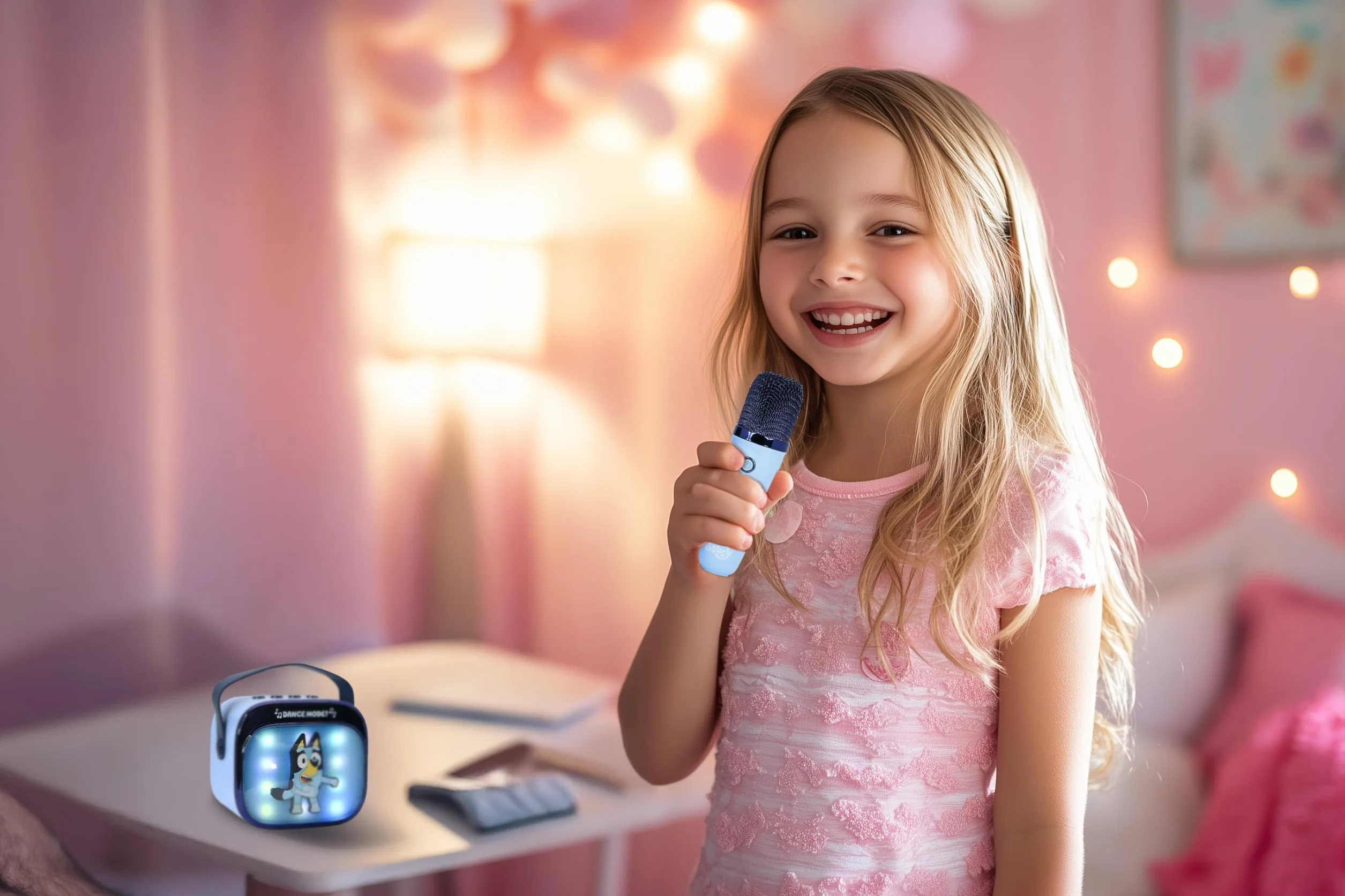 Bluey - Mini altoparlante per karaoke a LED, wireless, con microfono Bluetooth, colore blu, luci che cambiano colore