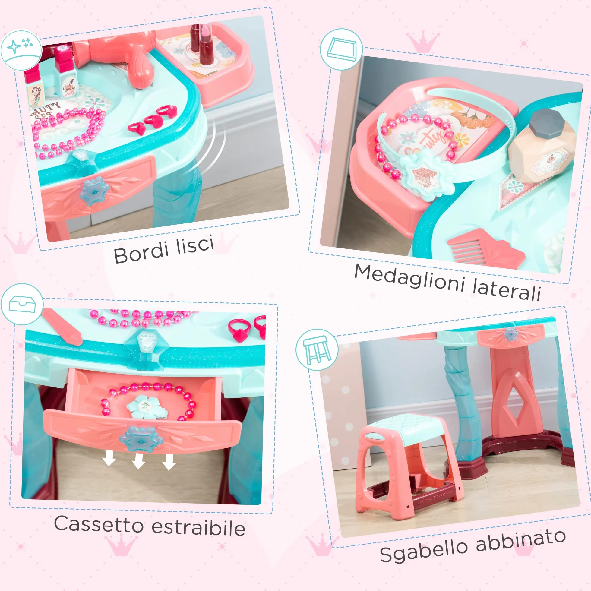 AIYAPLAY Set Tavolo Toeletta con Sgabello per Bambini da 3-6 Anni, Postazione Trucco Bambina con Luci e Musica, 31 Accessori di Bellezza Inclusi