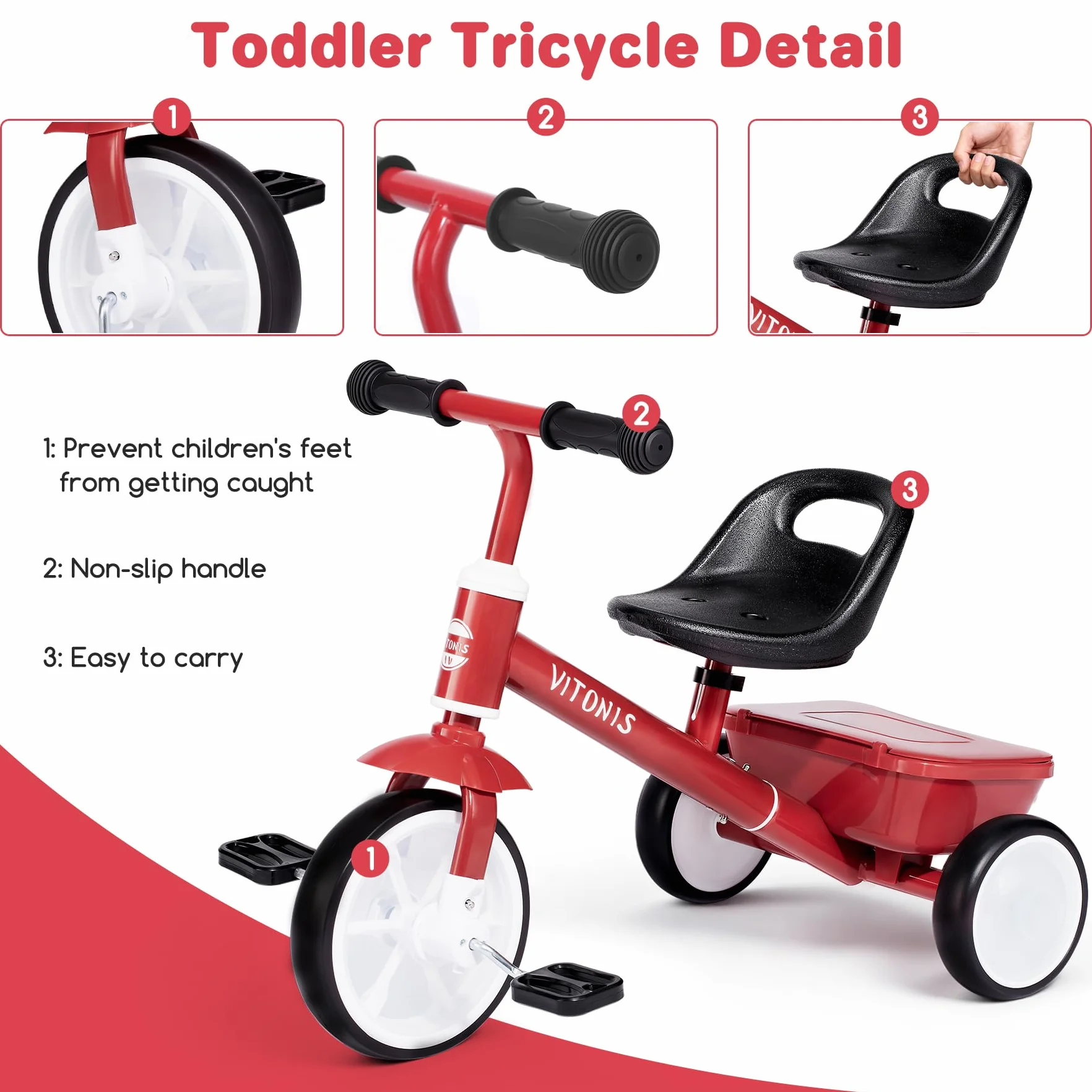 VITONIS Triciclo per bambini dai 2 anni in su, bicicletta senza pedali per bambini dai 24 mesi ai 5 anni, con due ruote illuminate a LED, regali e giocattoli per bambini e bambine, rosso