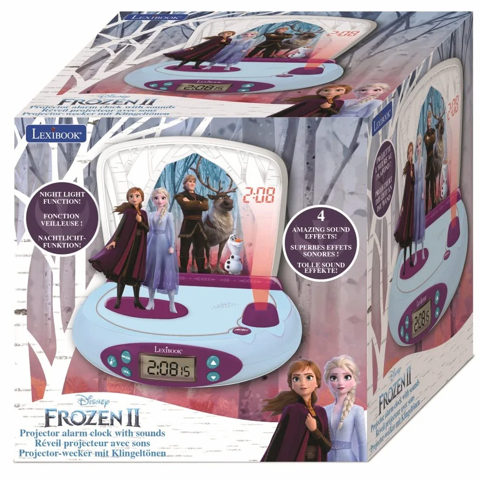 Lexibook, Frozen Elsa Anna, Sveglia con proiettore per bambini, Luce notturna e proiezione dell'ora sul soffitto, Effetti sonori, Alimentazione a batteria, Blu, RP510FZ