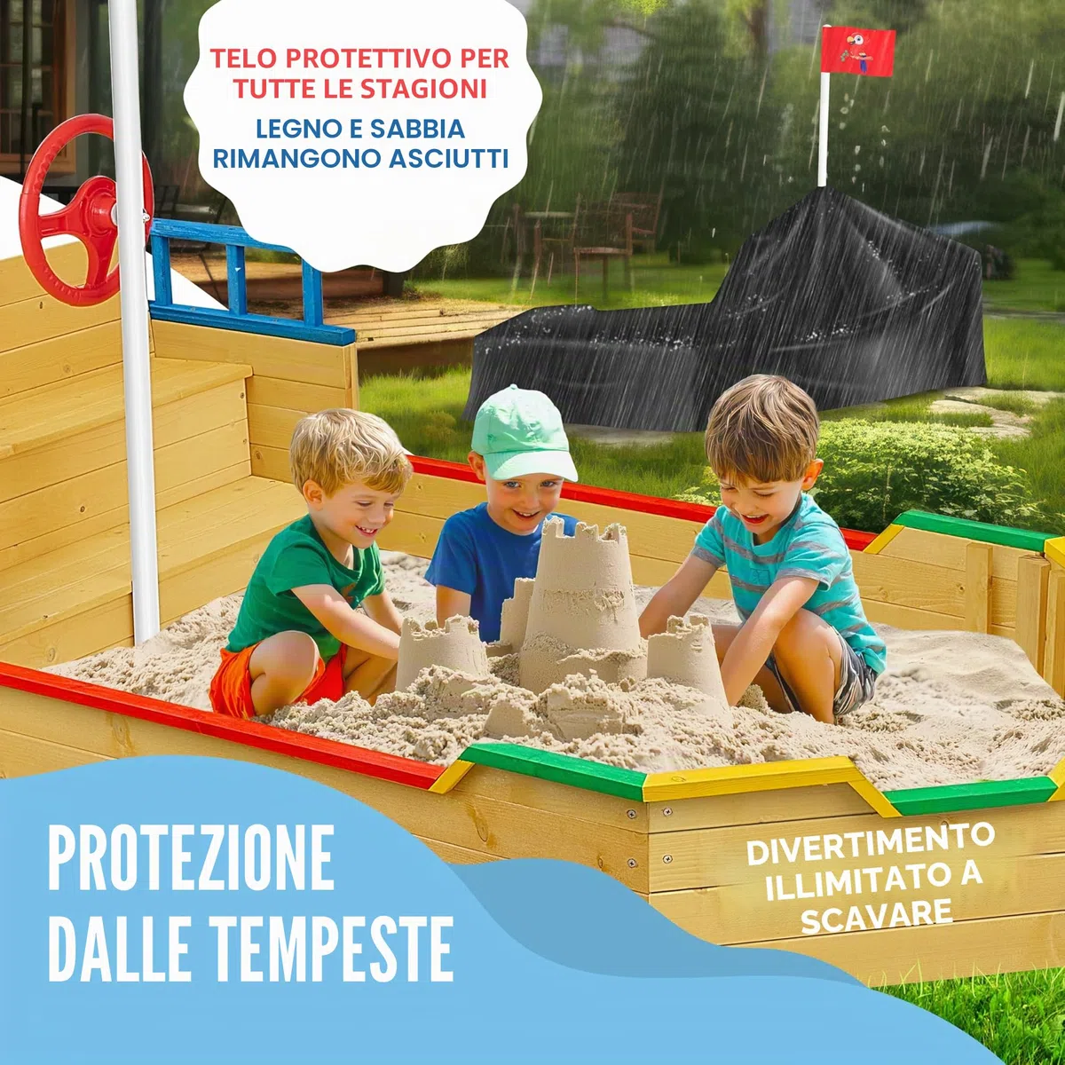 KIDIZ® Sabbiera per bambini Ahoy - nave pirata - barca giocattolo - barca a vela in legno - incl. copertura protettiva, colorato