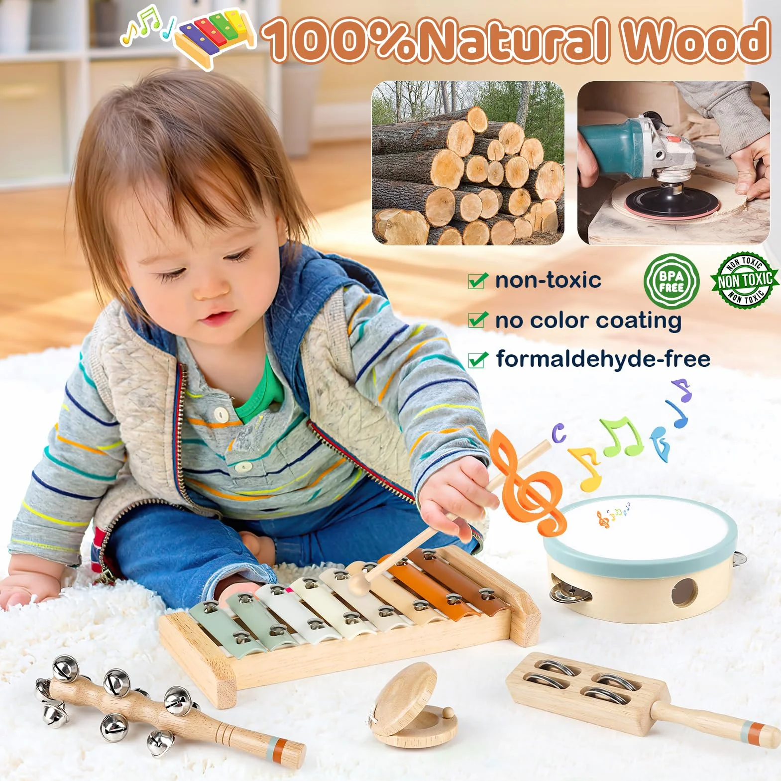 Strumenti Musicali Bambini, Montessori Strumenti Musicali Percussioni Giocattolos, Percussioni in Legno con Tamburo, Xylophone , Percussioni per Bambini, 3 4 5 6 Anni Giochi Bambini