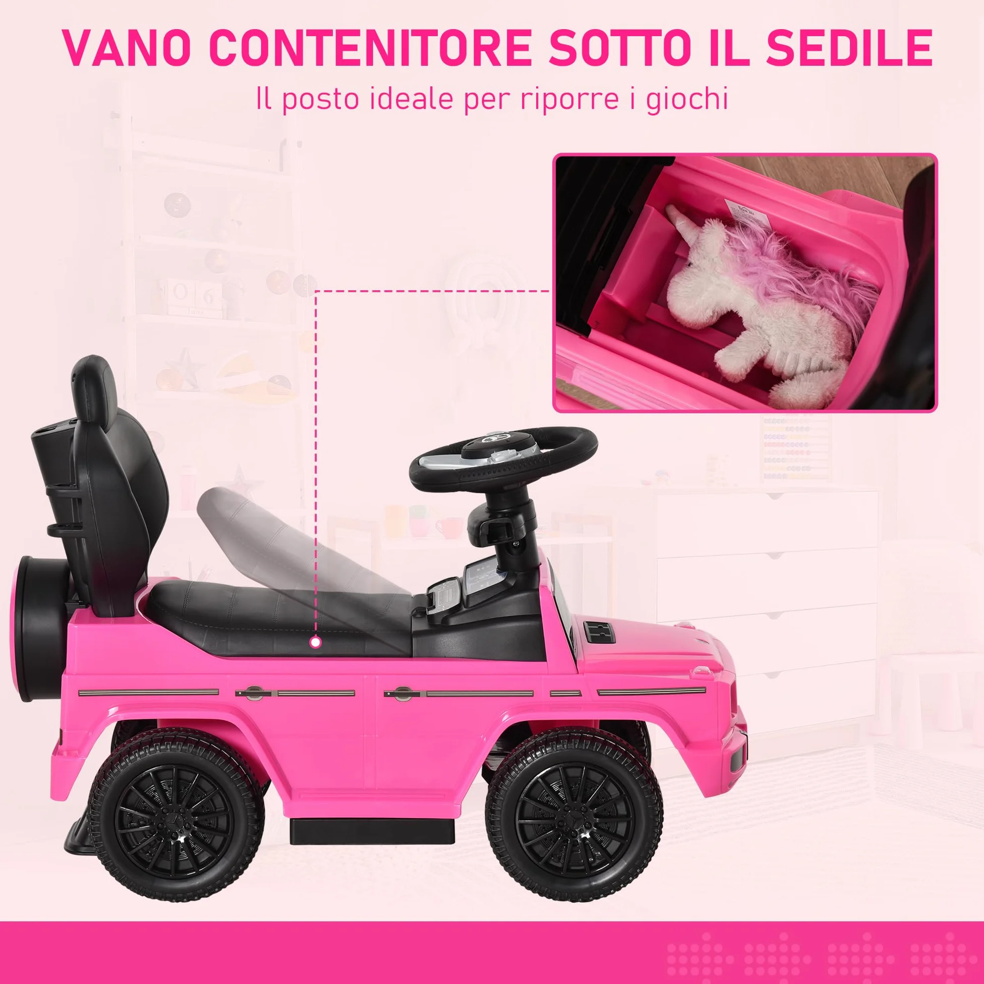HOMCOM Macchina a Spinta per Bambini 12-36 Mesi con Licenza Mercedes-Benz G350, Giocattolo Macchina Cavalcabile con Tettuccio e Maniglia di Spinta, 85.5x40.5x95 cm, Rosa