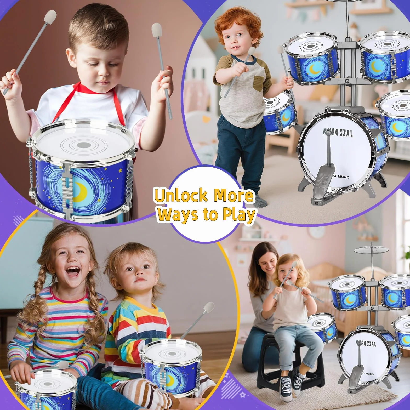 Batteria Bambini Giocattolo, 5 Tamburi Batteria Jazz Kit Strumento Musicale Percussione Educativo Giocattolo con Sgabello per 3 4 5 6 Anni Principianti Ragazzi Ragazze Compleanno Natale Regali, Blu