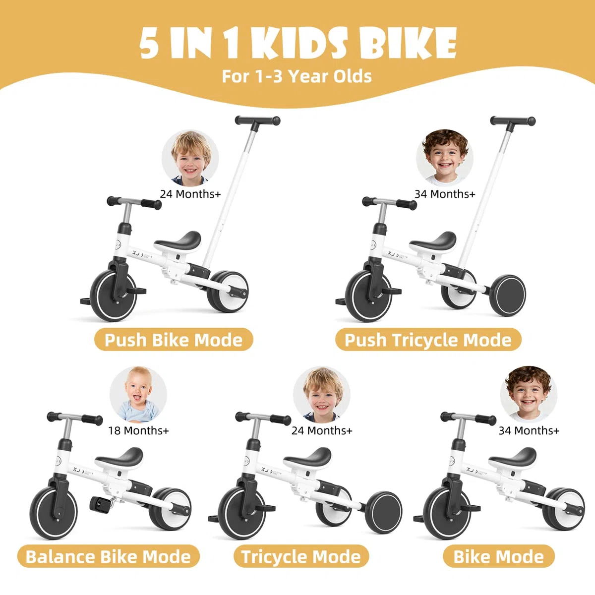 XJD Triciclo 5 in 1 per bambini 1-3 anni con maniglia regolabile e pedali rimovibili