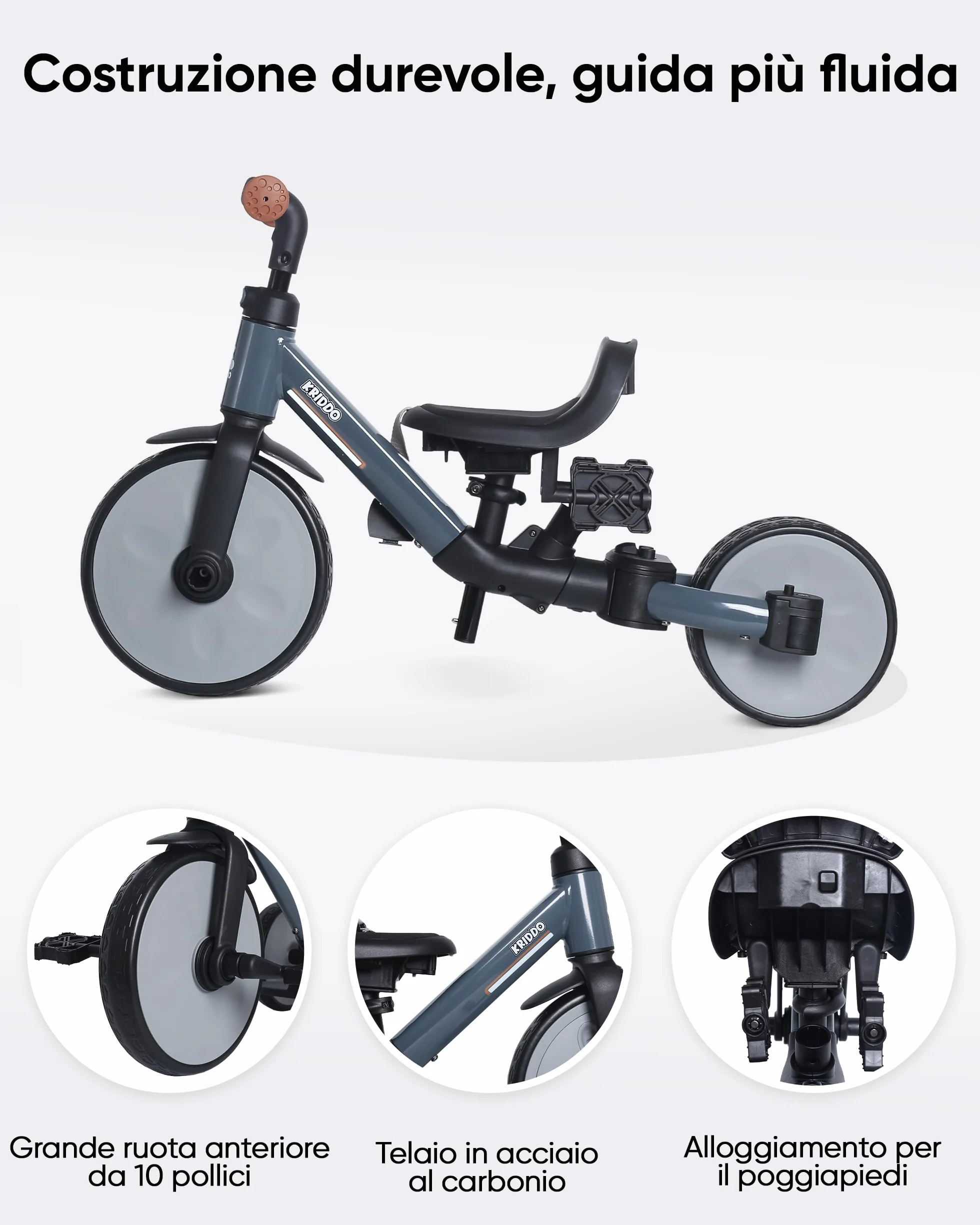 KRIDDO Triciclo evolutivo 8 in 1 per bambini 18 mesi-5 anni, Triciclo passeggino con maniglione, triciclo e bici senza pedali, cintura a 5 punti, cappottina pieghevole e borsa portaoggetti, Grigio