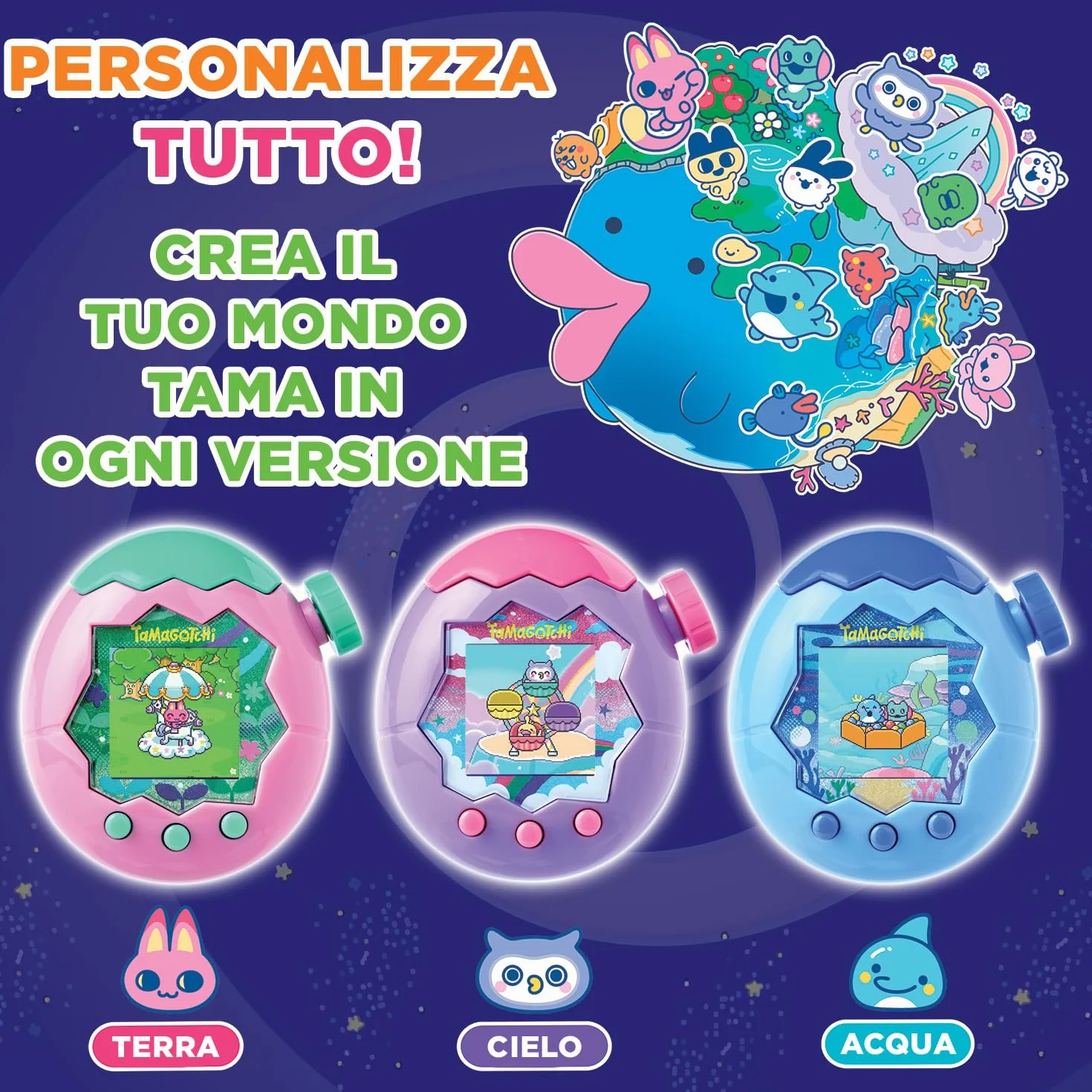 TAMAGOTCHI Bandai Paradise Acqua - Animale Virtuale da accudire Giocattolo Interattivo in italiano, rotella di zoom - Modello Acqua Blu - Giocattolo per Bambini dai 6 anni in su - 43422