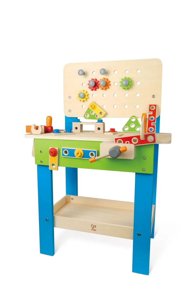Hape Banco da Lavoro | in Legno con Attrezzi Giocattolo | 35 Pezzi| Adatto a Bambini dai 3 Anni in su