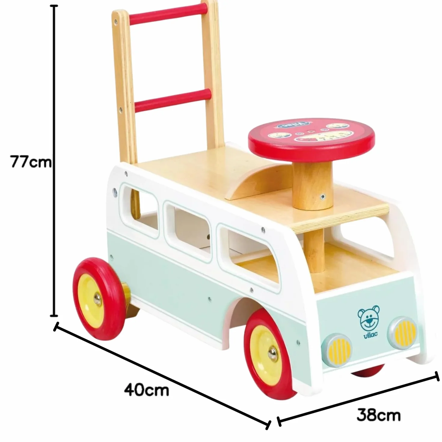 Vilac Campervan Walker 2 in 1 in legno, con scomparto nascosto, giocattolo cavalcabile, adatto per bambini dai 12 mesi in su