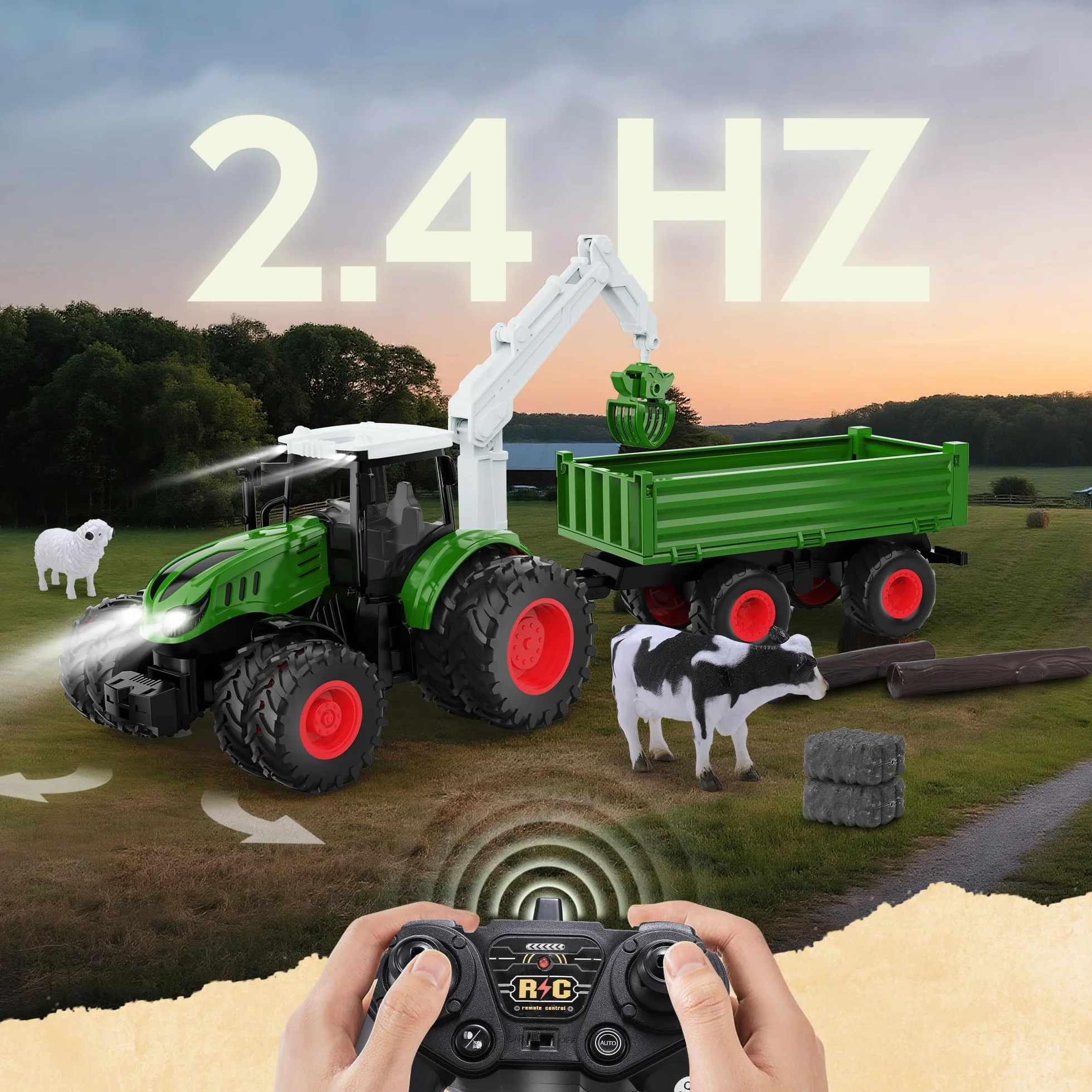 HappyGoLucky Trattore Telecomandato per Bambini, 2.4GHz, 1:16 Camion Telecomandato Fattoria Giocattolo con Luce, Rimorchio, Regalo Bambino 3-12 Anni Maschio, Regali Natale Bambini 2025 Halloween