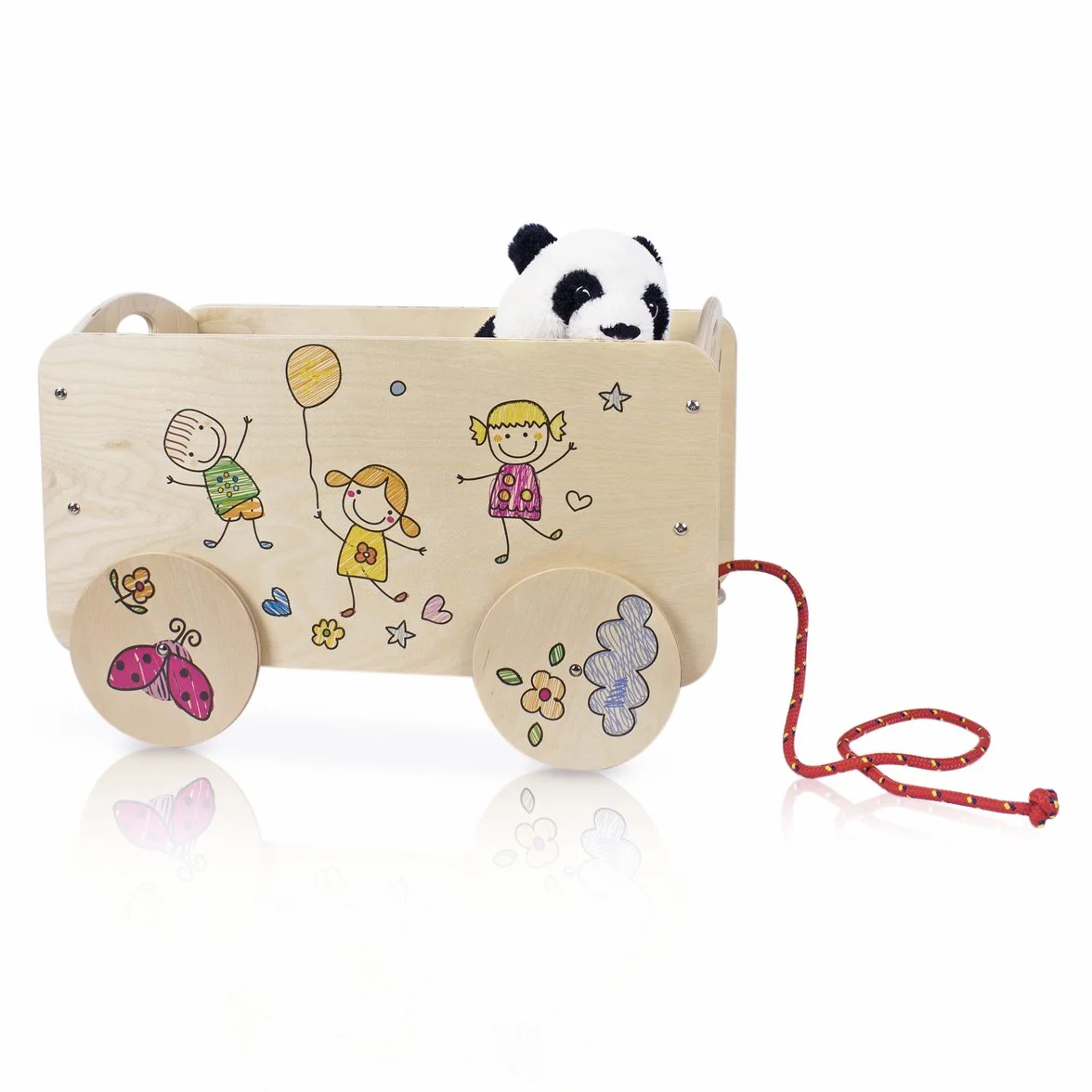 Dida | Carretto portagiochi in legno, Bimbi Allegri, multicolore | 49x28x32CM, ruote antigraffio, facile da assemblare, robusto | Gioco Montessori per bambini 2-4 anni
