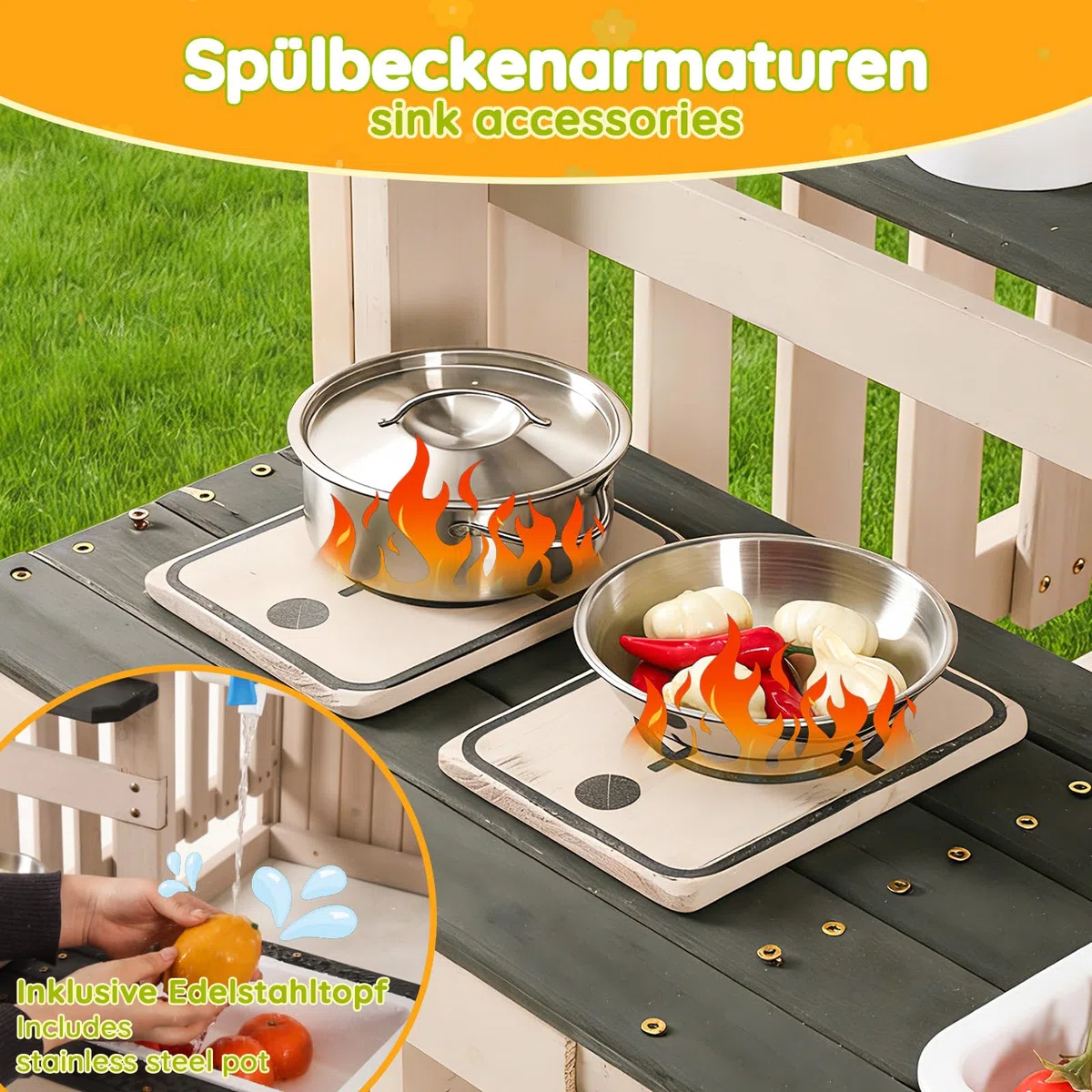 Casetta da Gioco in Legno per Bambini con Cucina Esterna, Lavandino, Lavagna, Accessori, Regalo 3+