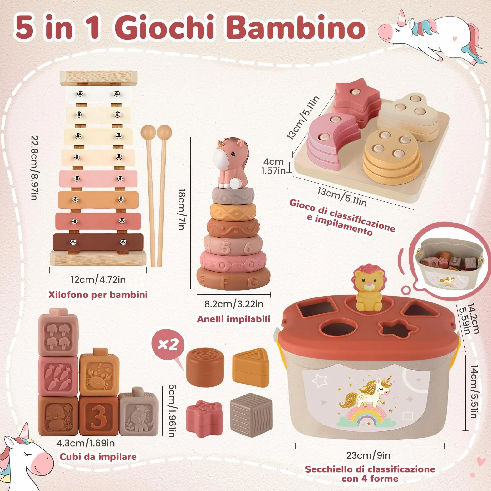 Giochi Neonato 6-9 Mesi, Giochi Montessori 6 Mesi 1 Anno 5 in 1 Educativo, Giocattoli Bambino 6-12 Mesi, Giochi Snsoriali per Neonati, Giocattoli Impilabili, Regalo Bambino 6 9 12 Mesi