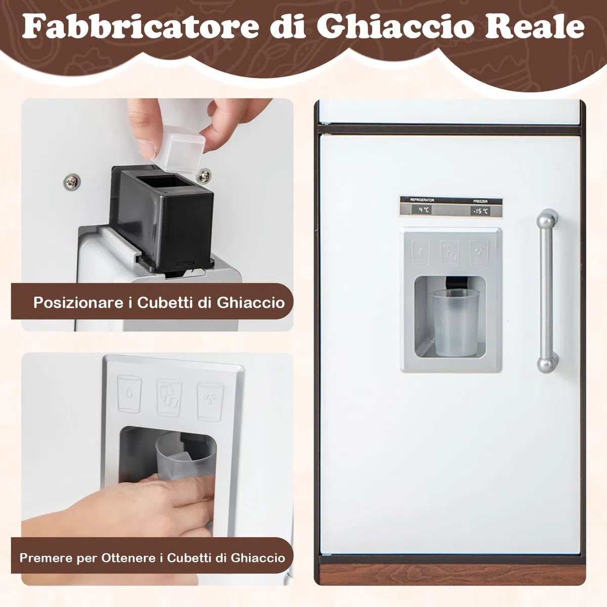 GYMAX Cucina Giocattolo ad Angolo per Bambini, Set da Cucina in Legno con Cappa Illuminata e Fornelli con Suoni, Realistico Fabbricatore di Ghiaccio, Regalo per Bambini 3 + Anni (Stile 1)